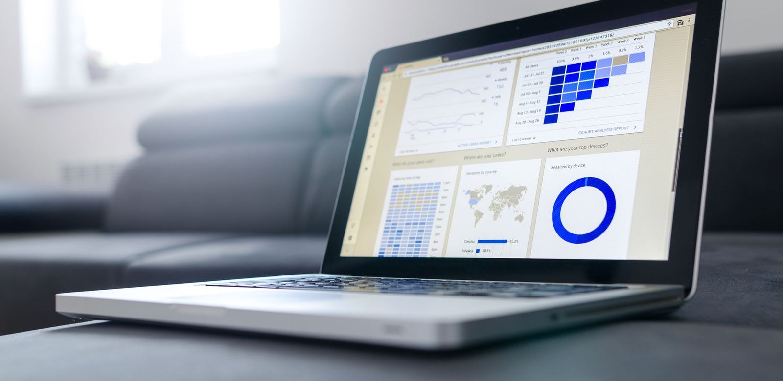 A wall of monitors showing analytics dashboards and charts