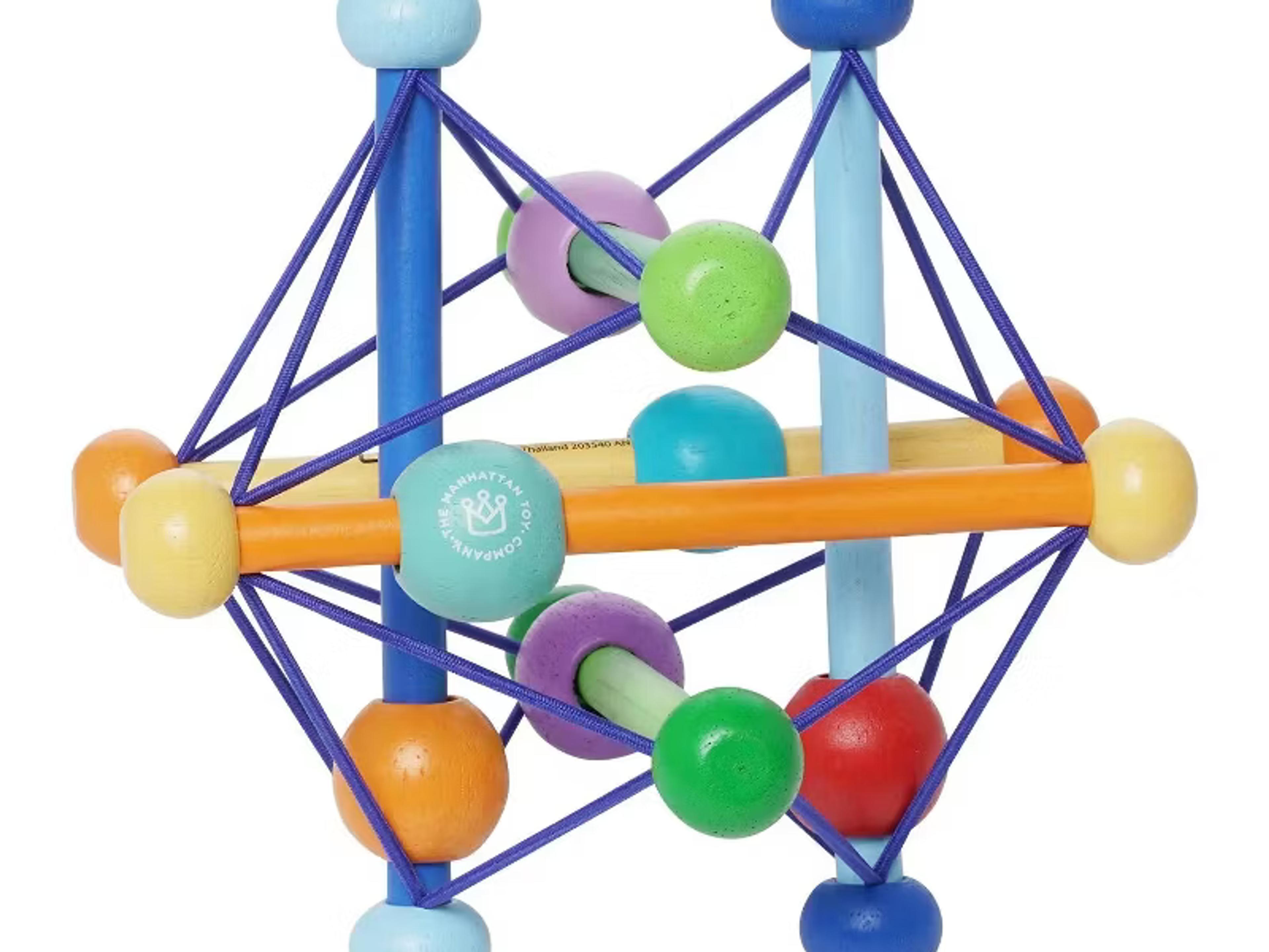 Manhattan Toy Skwish wooden rattle and teether grasping activity toy with sliding beads on elastic dowels