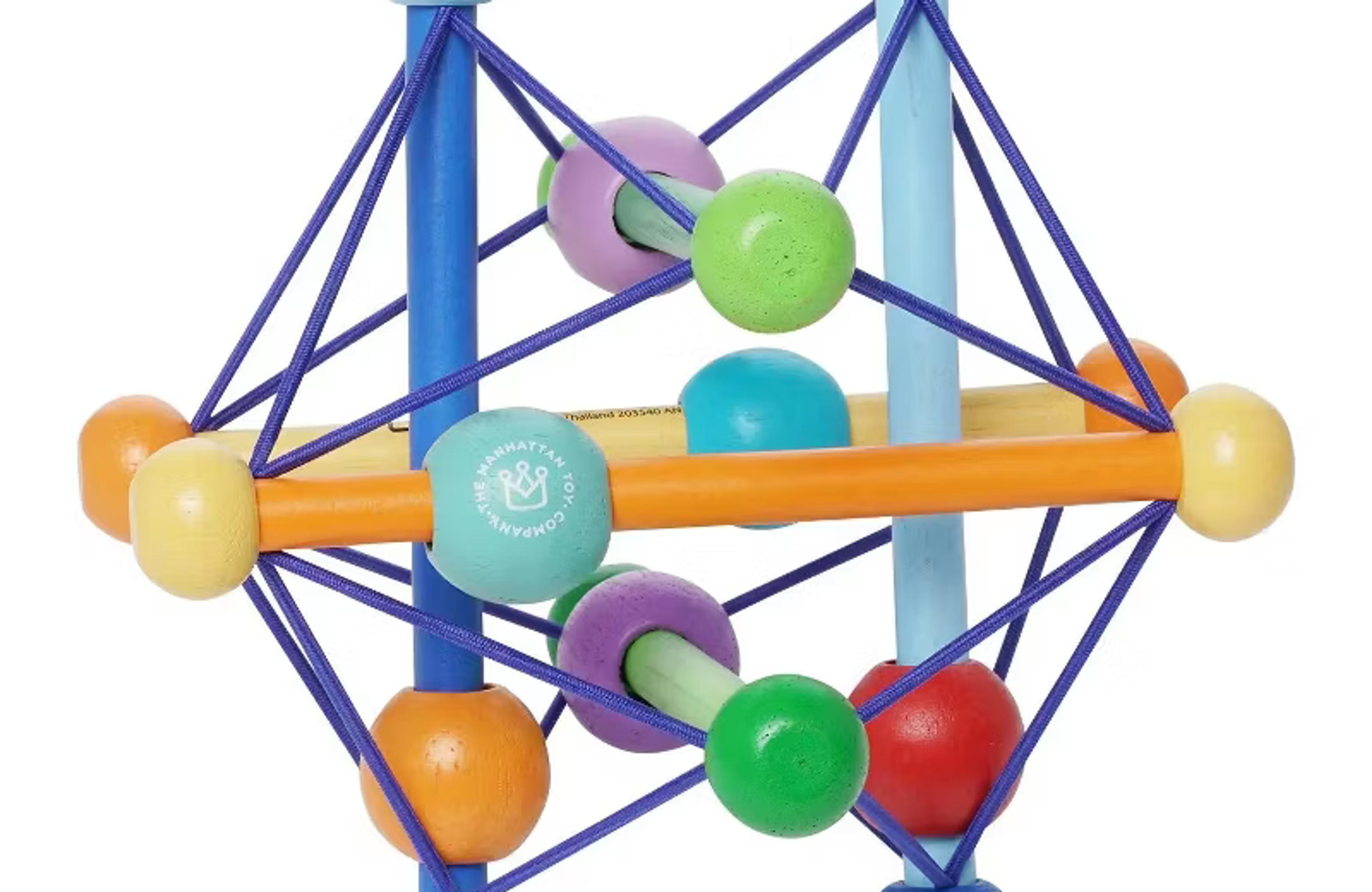 Manhattan Toy Skwish wooden rattle and teether grasping activity toy with sliding beads on elastic dowels