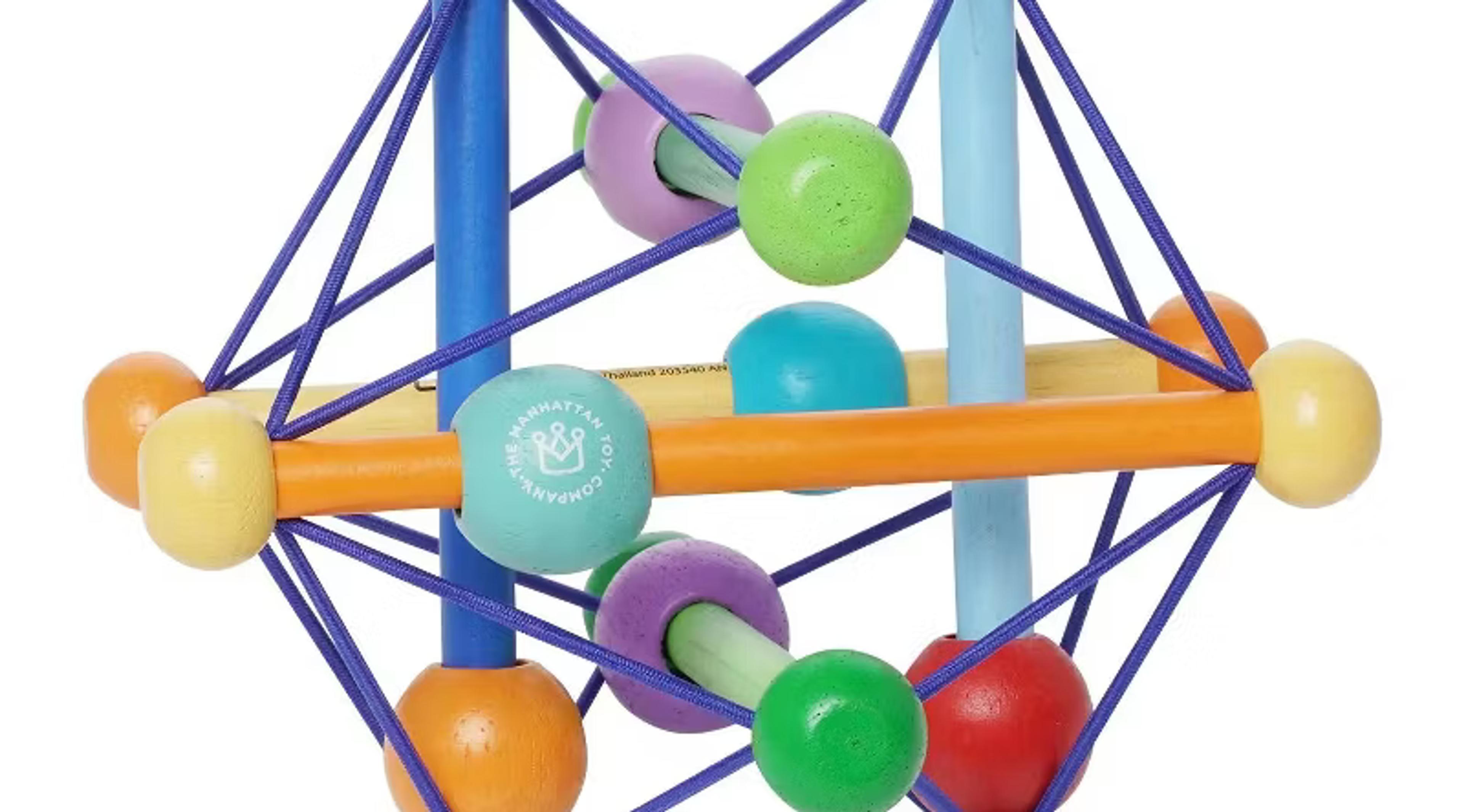 Manhattan Toy Skwish wooden rattle and teether grasping activity toy with sliding beads on elastic dowels