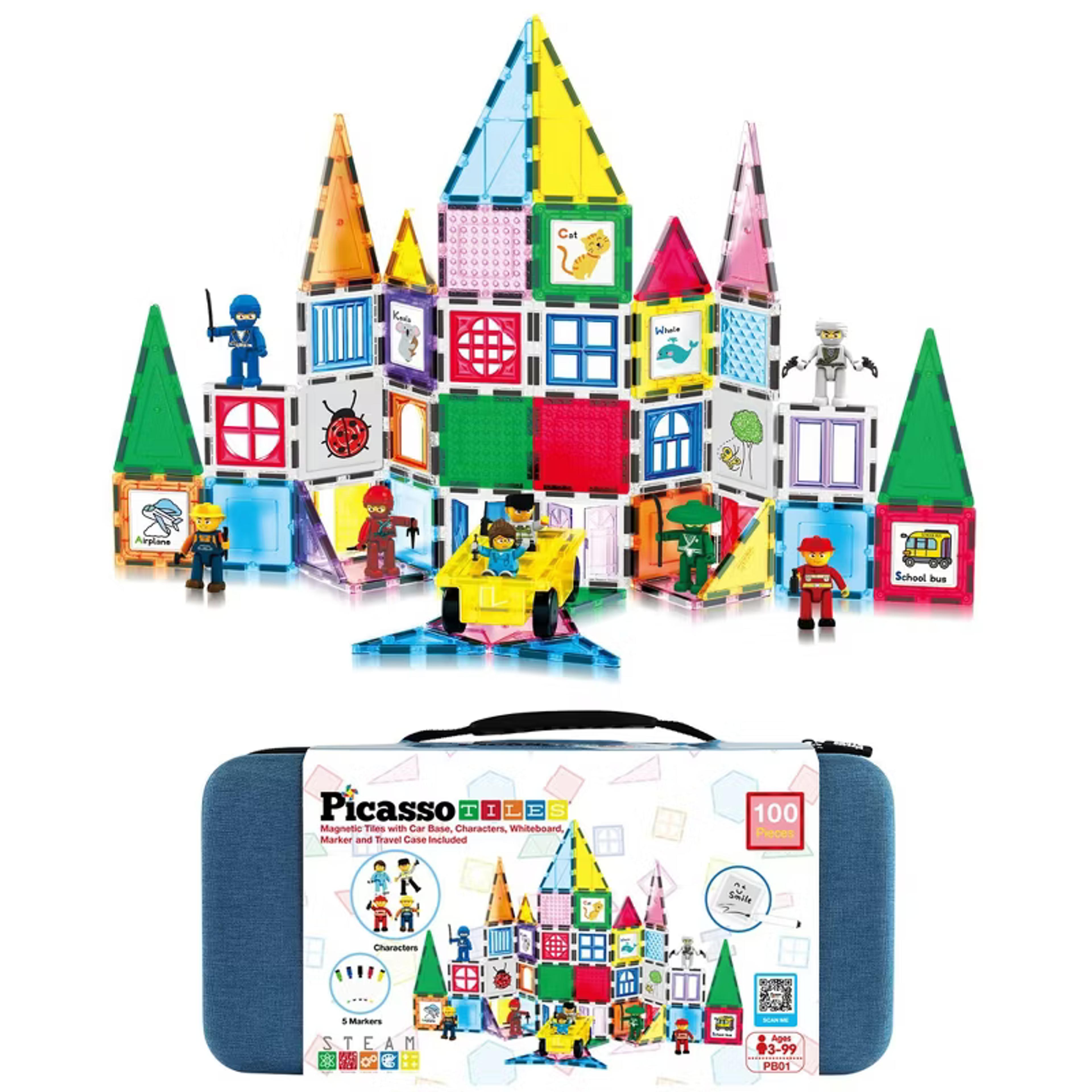 PicassoTiles 100-piece magnetic building tile set with carry case and car base