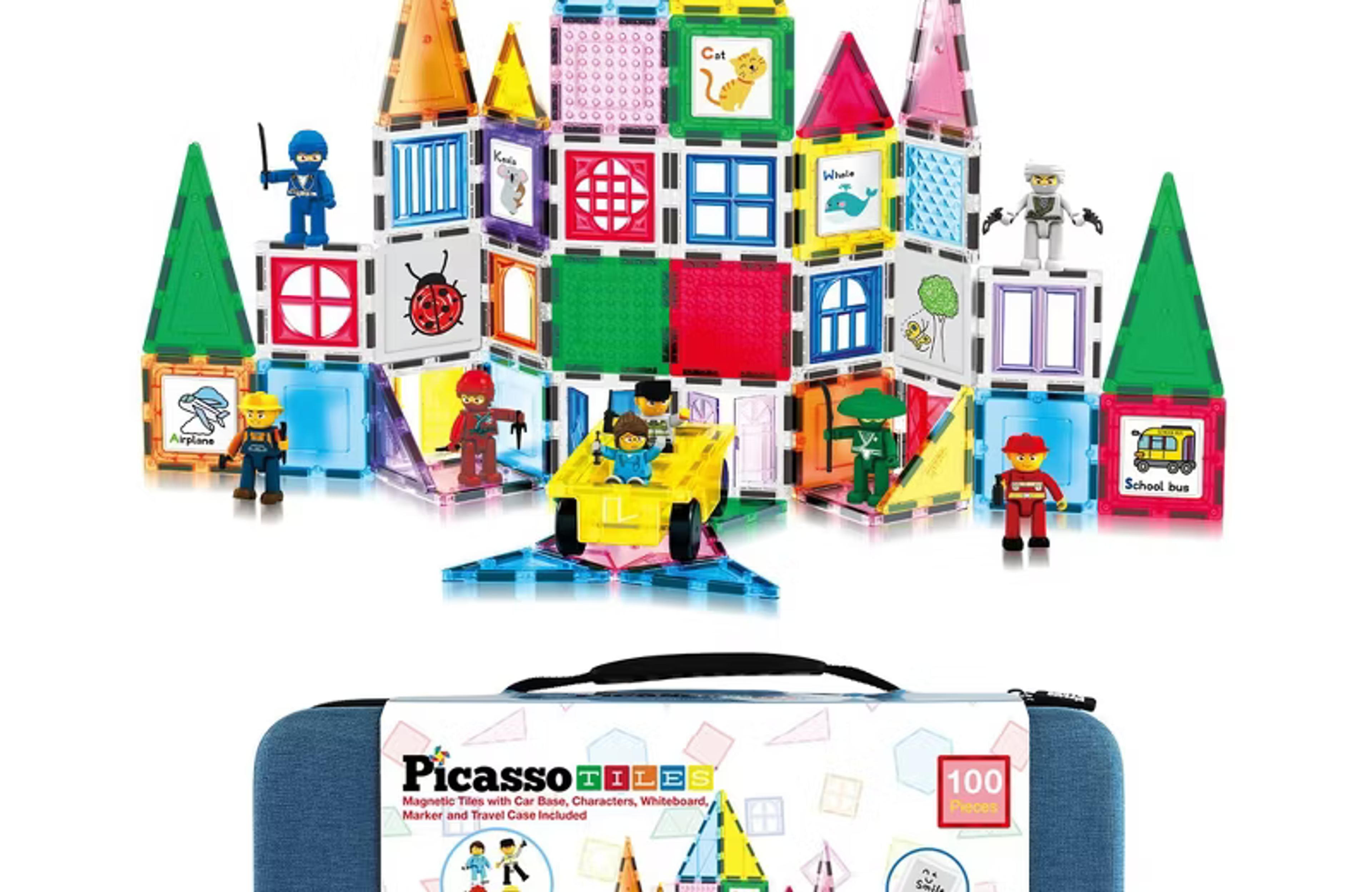 PicassoTiles 100-piece magnetic building tile set with carry case and car base