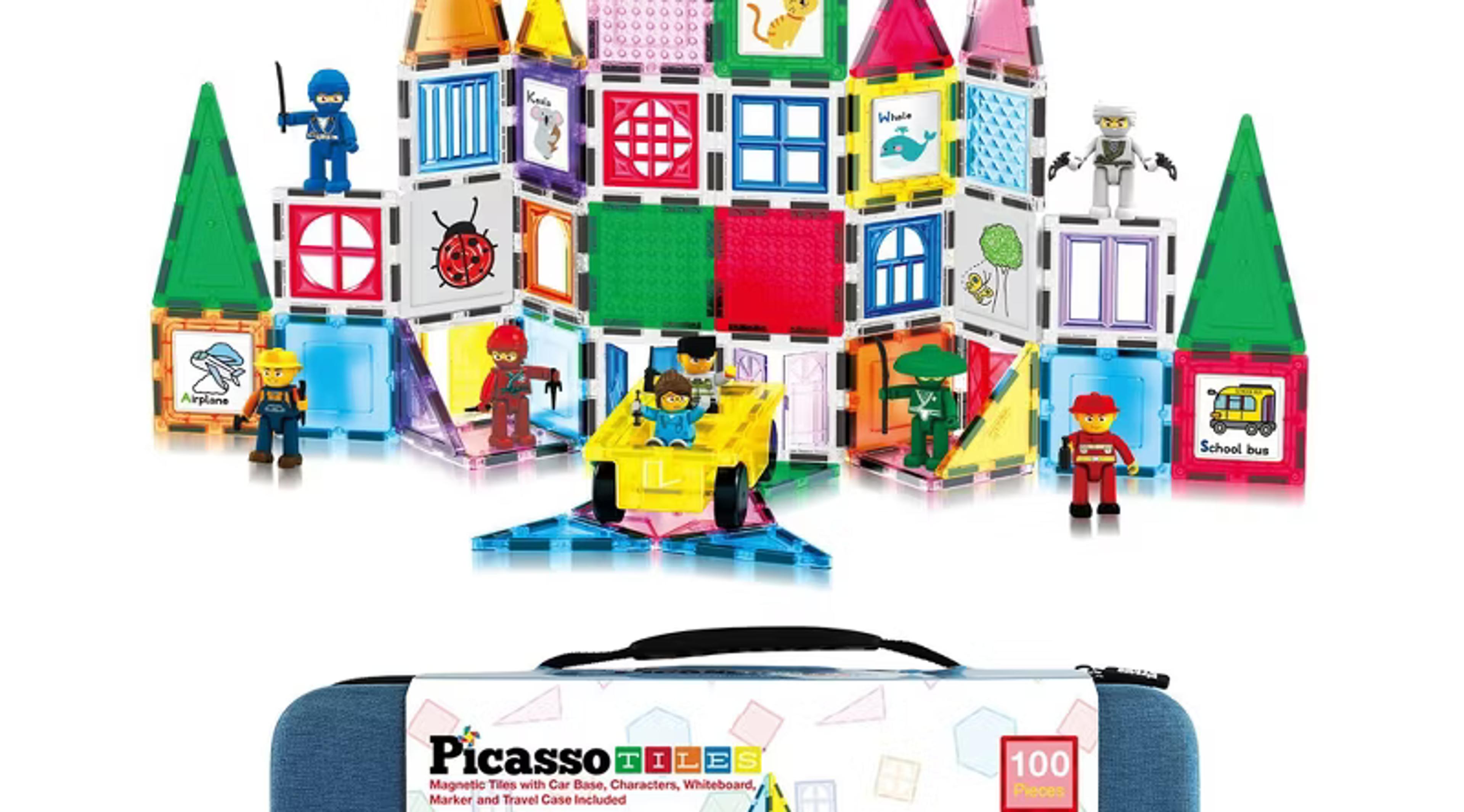 PicassoTiles 100-piece magnetic building tile set with carry case and car base