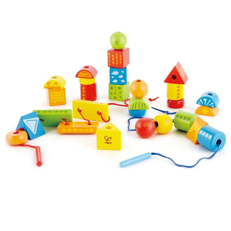 Hape String-Along Shapes wooden stacking and lacing game with 32 blocks