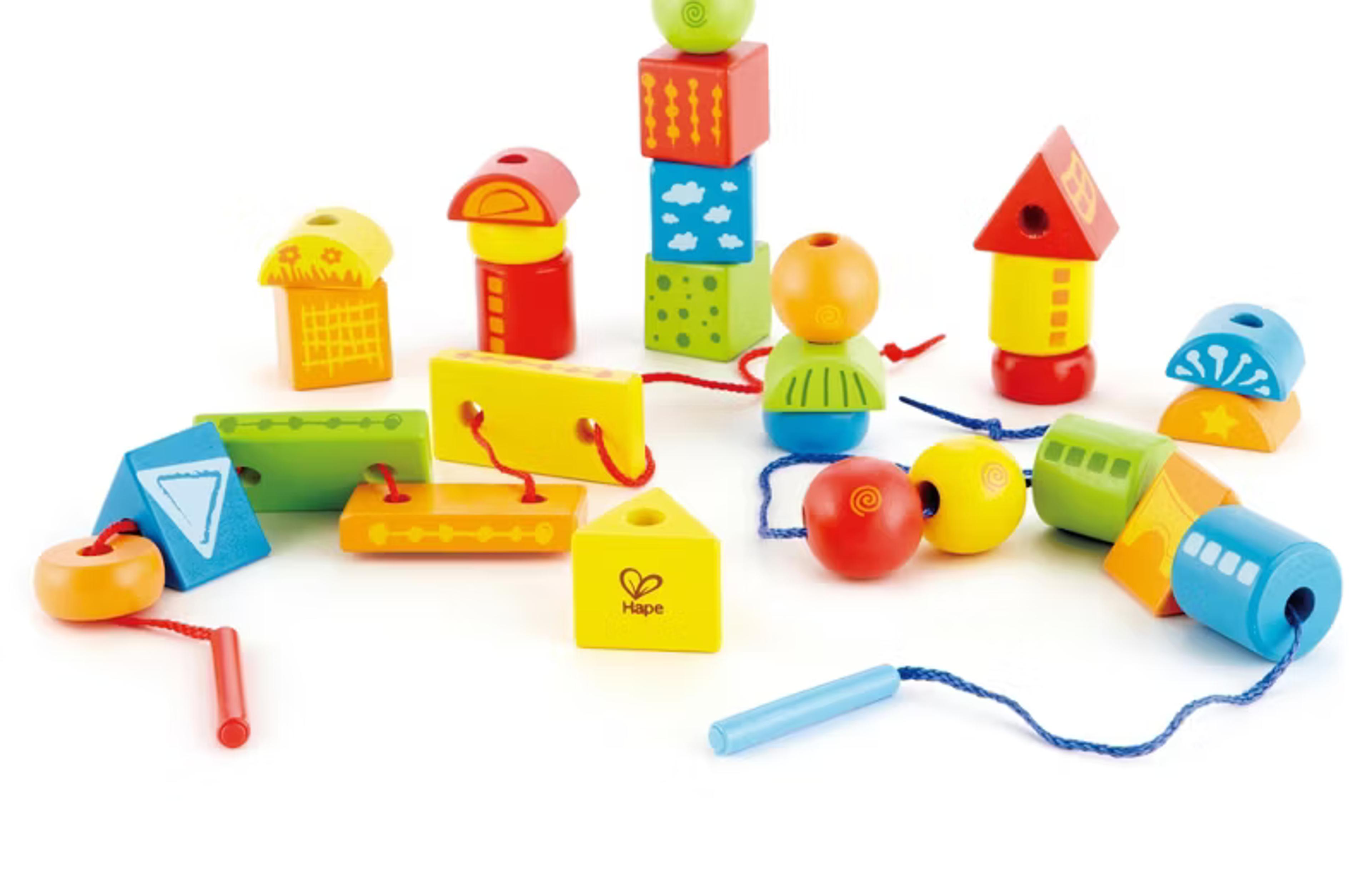 Hape String-Along Shapes wooden stacking and lacing game with 32 blocks