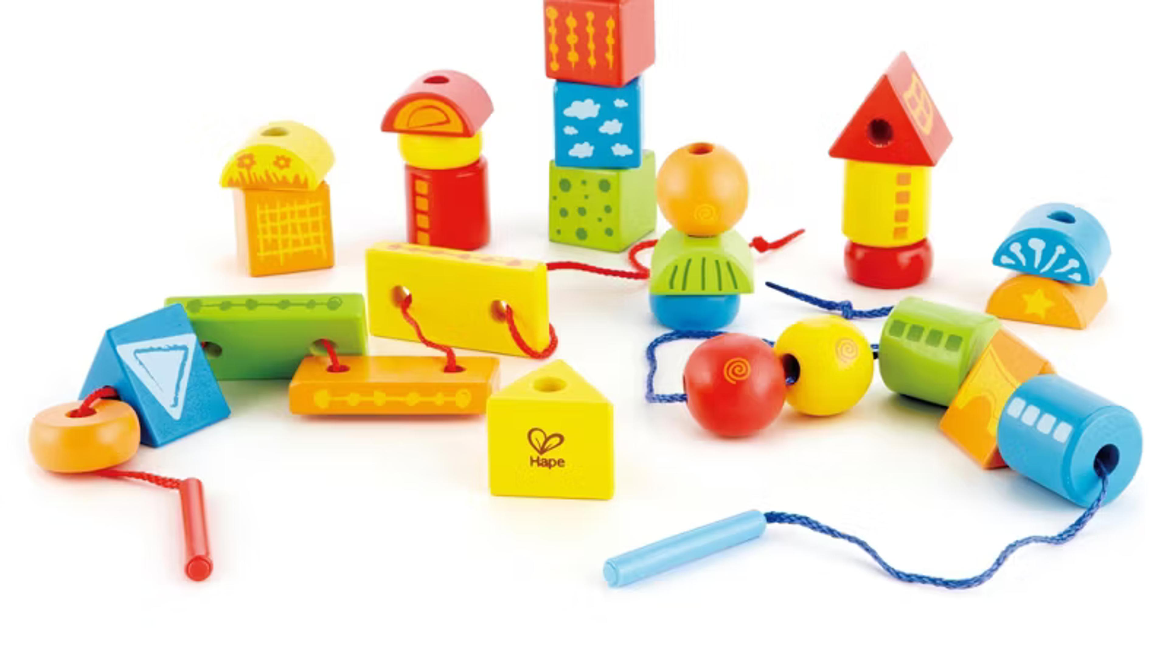 Hape String-Along Shapes wooden stacking and lacing game with 32 blocks