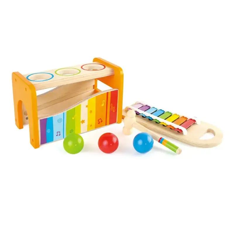 Hape Pound and Tap Bench with slide-out xylophone wooden musical toy with mallet and colored balls
