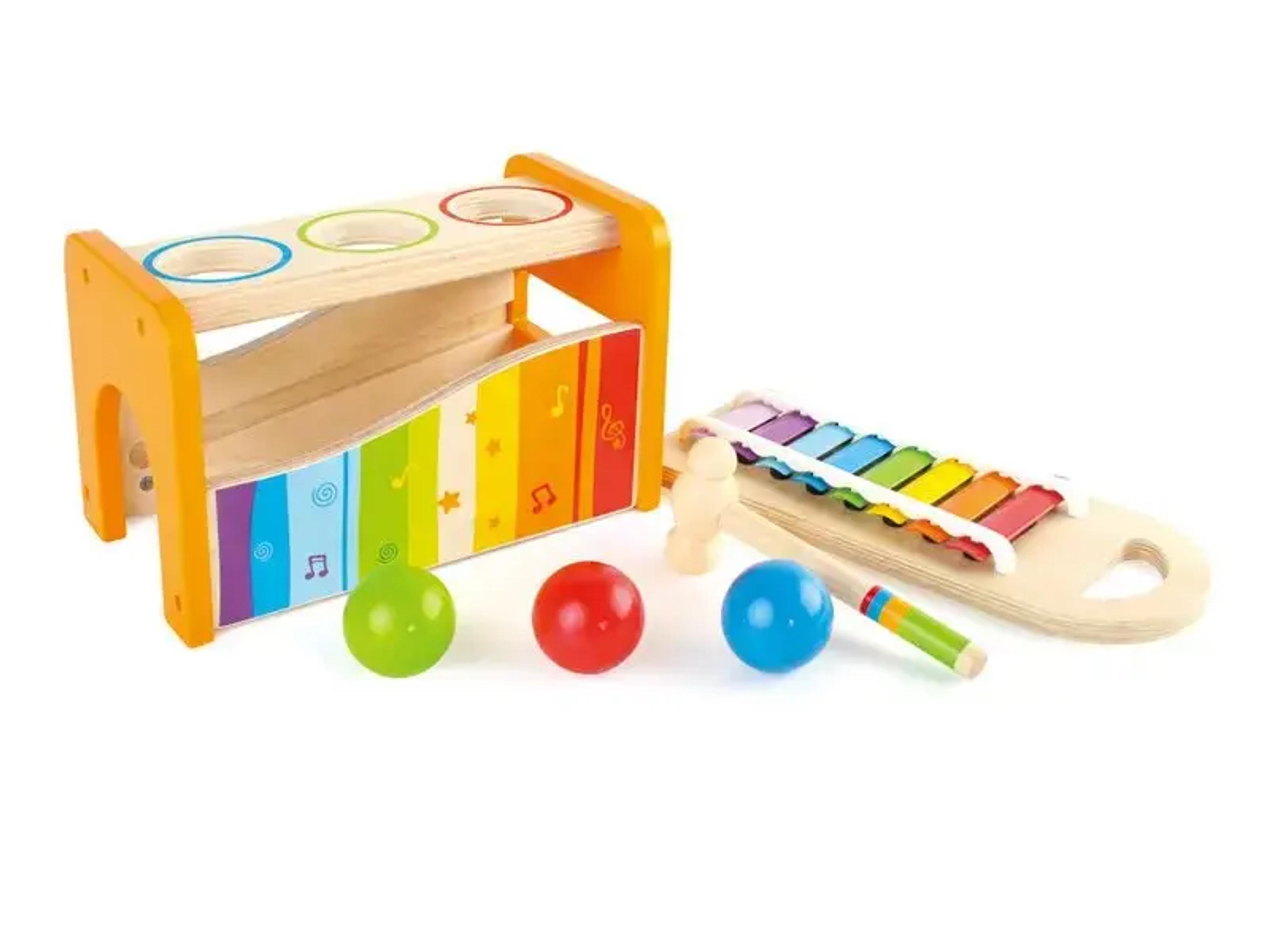 Hape Pound and Tap Bench with slide-out xylophone wooden musical toy with mallet and colored balls