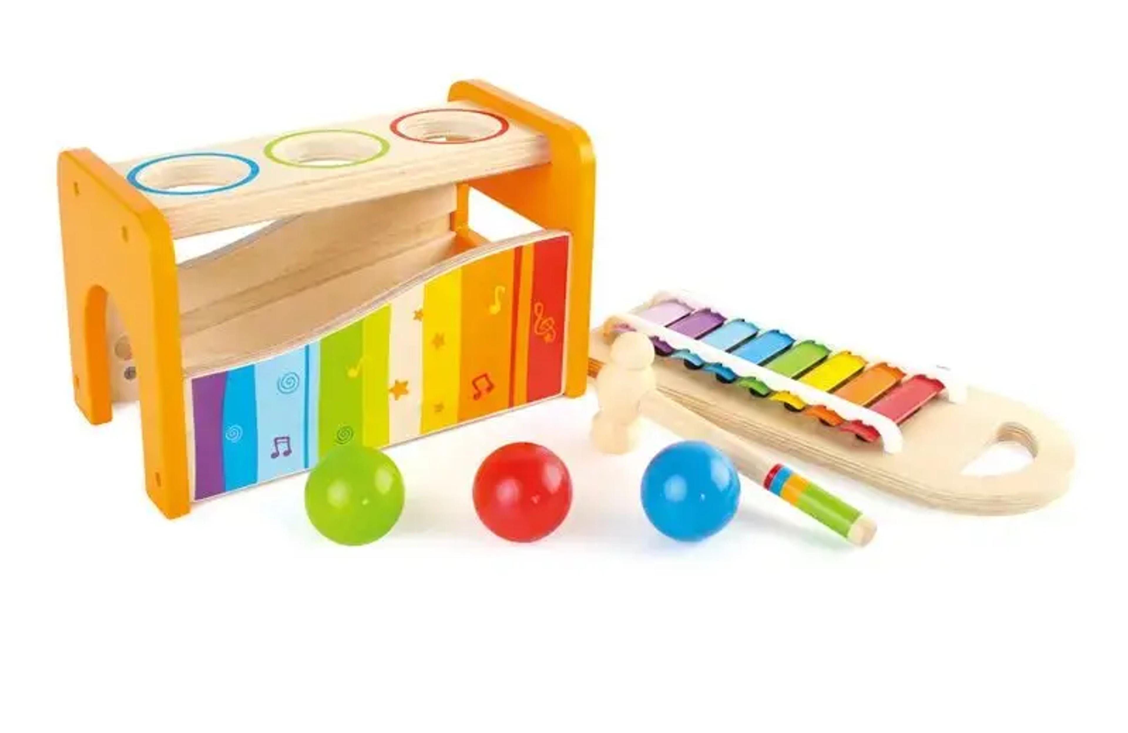 Hape Pound and Tap Bench with slide-out xylophone wooden musical toy with mallet and colored balls