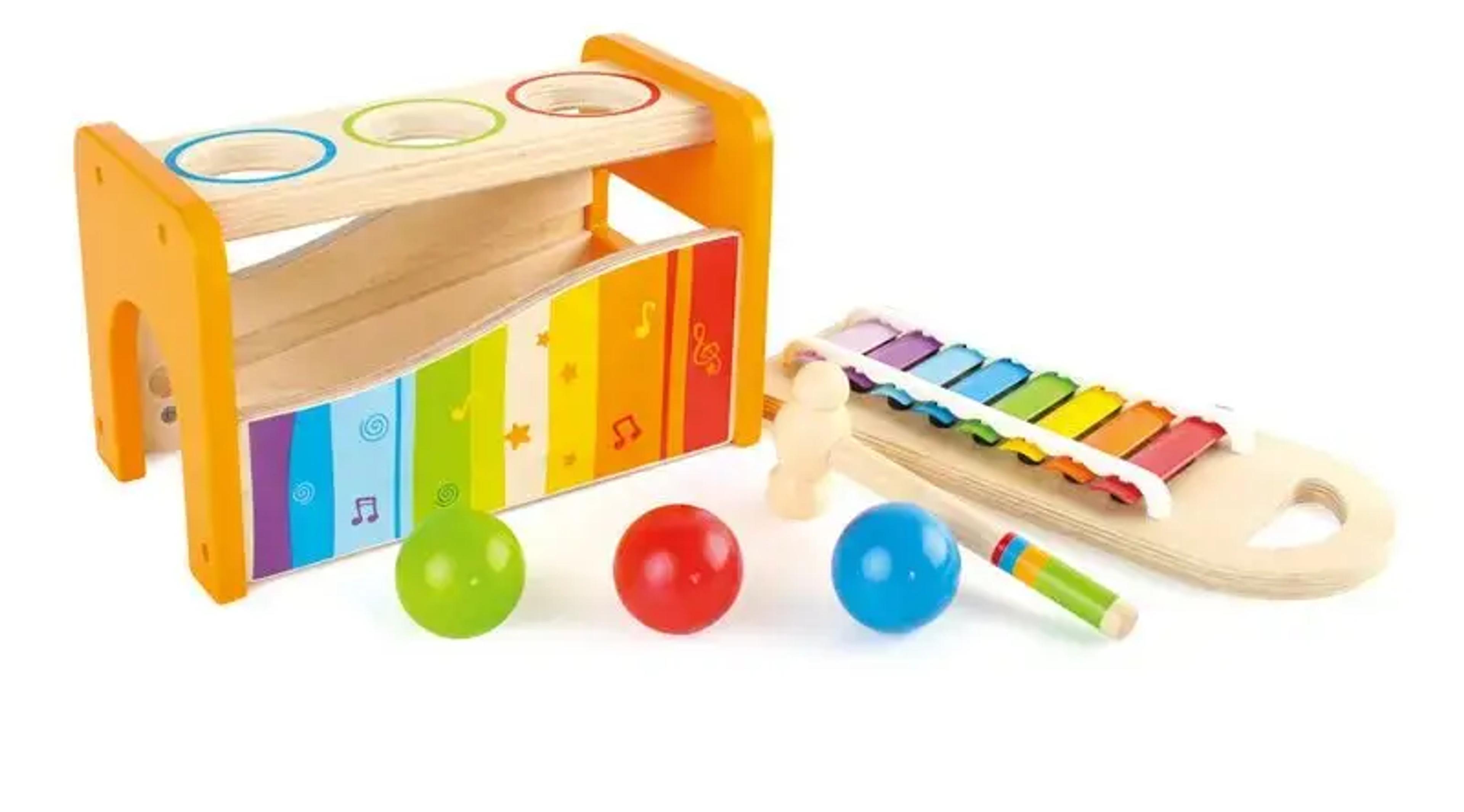 Hape Pound and Tap Bench with slide-out xylophone wooden musical toy with mallet and colored balls