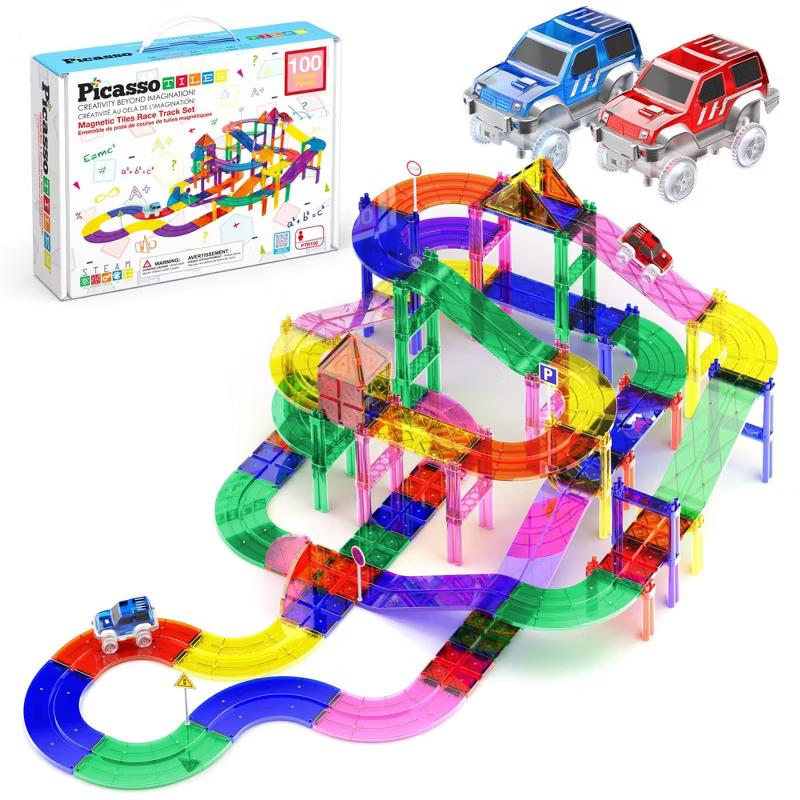 PicassoTiles 100-piece magnetic race track building set with two racing cars