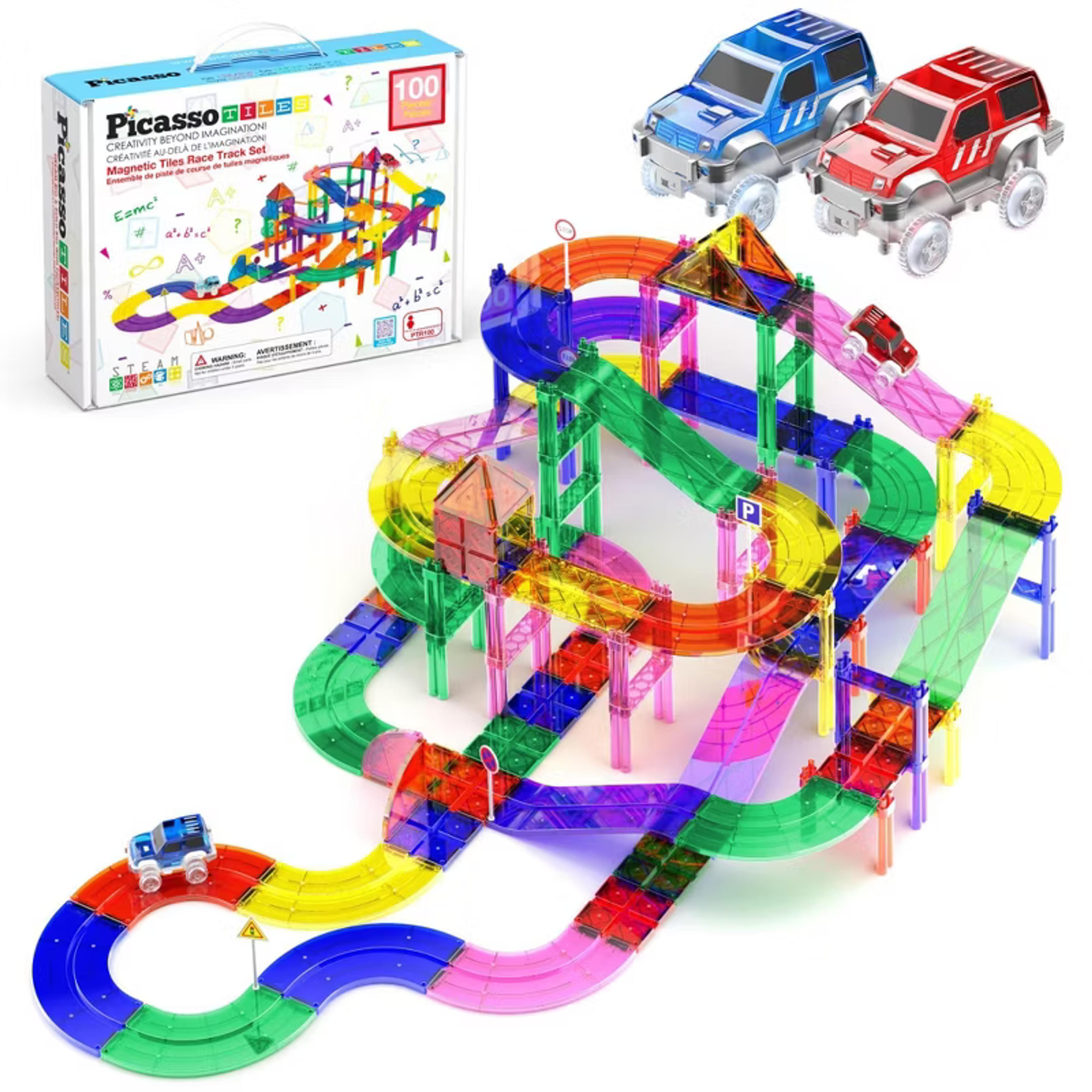 PicassoTiles 100-piece magnetic race track building set with two racing cars
