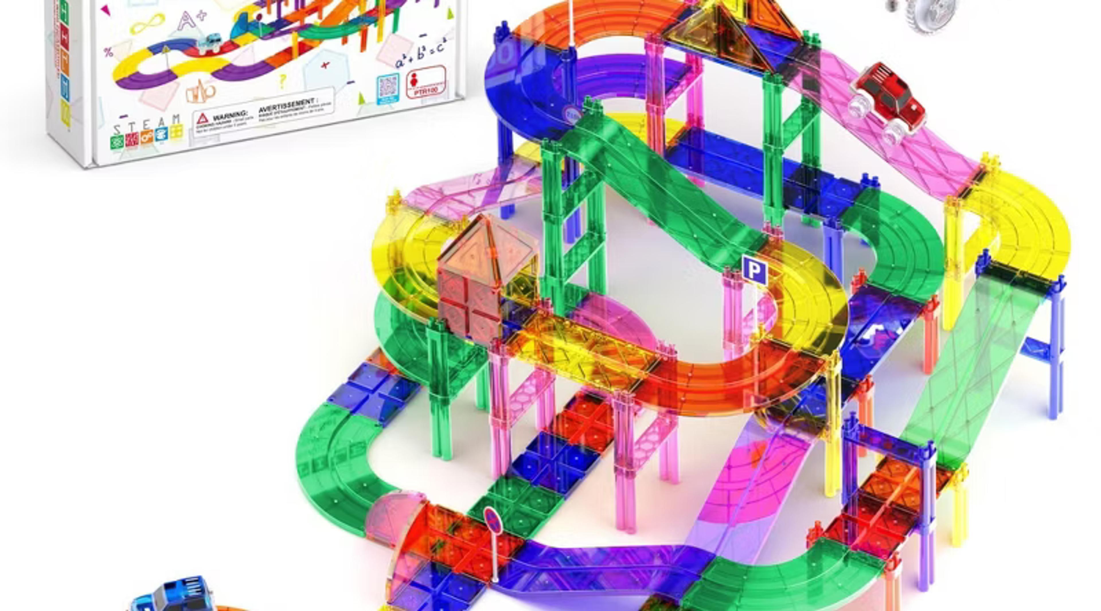 PicassoTiles 100-piece magnetic race track building set with two racing cars
