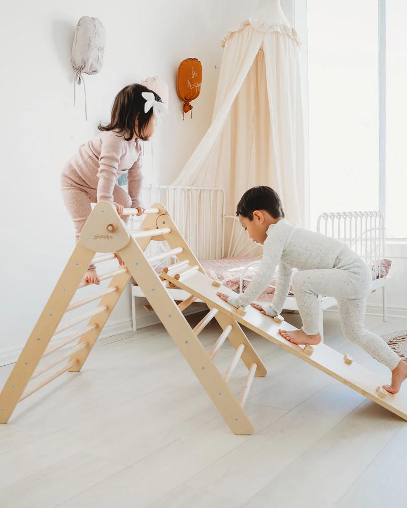 Piccalio Climber Pikler Triangle Set in natural wood with reversible climbing ramp