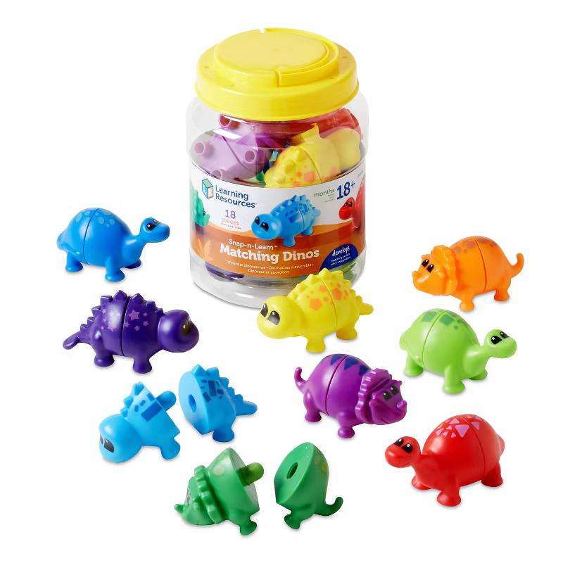 Learning Resources Snap-n-Learn Matching Dinos, colorful two-piece dinosaurs with a storage bucket