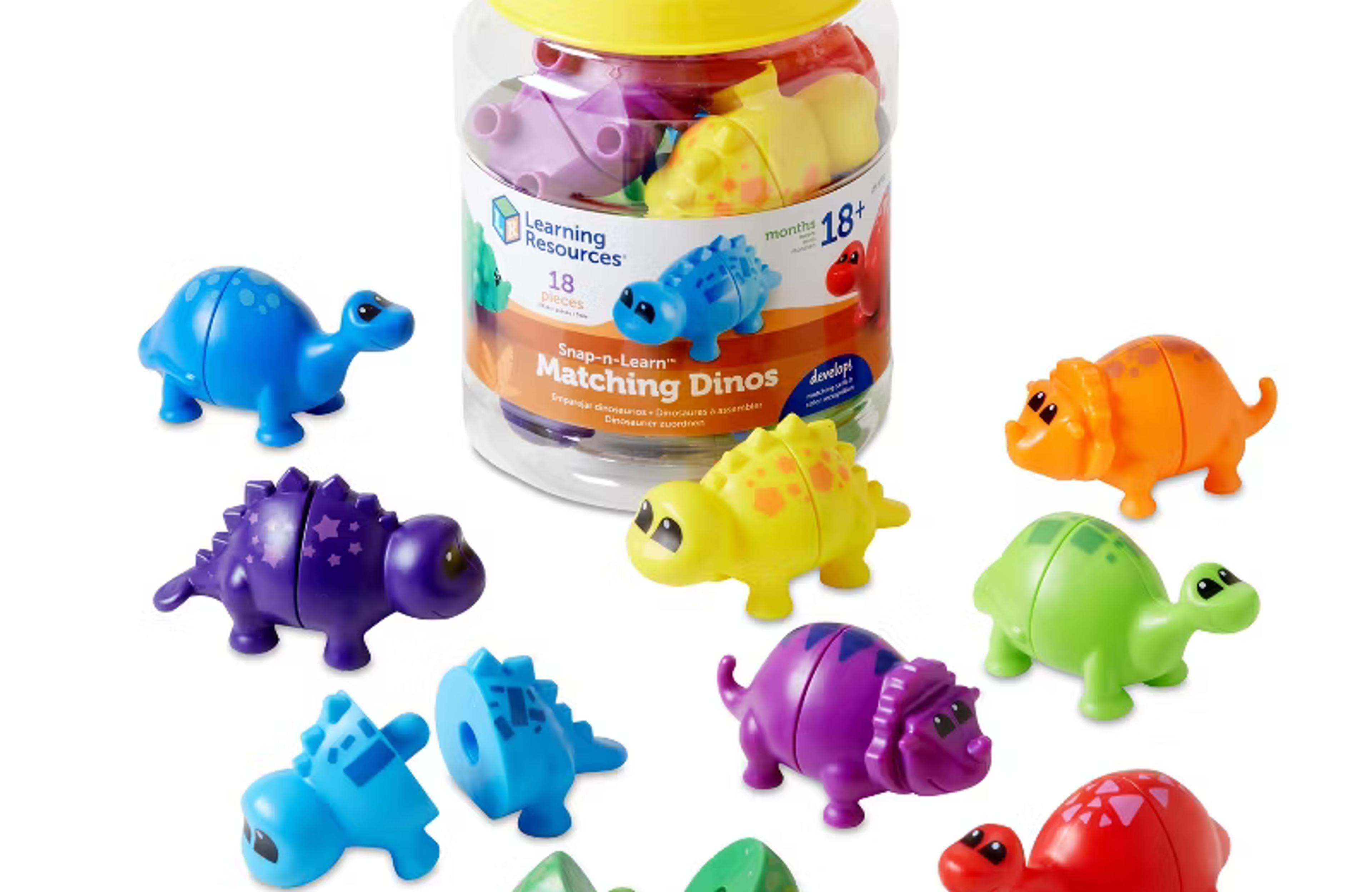 Learning Resources Snap-n-Learn Matching Dinos, colorful two-piece dinosaurs with a storage bucket