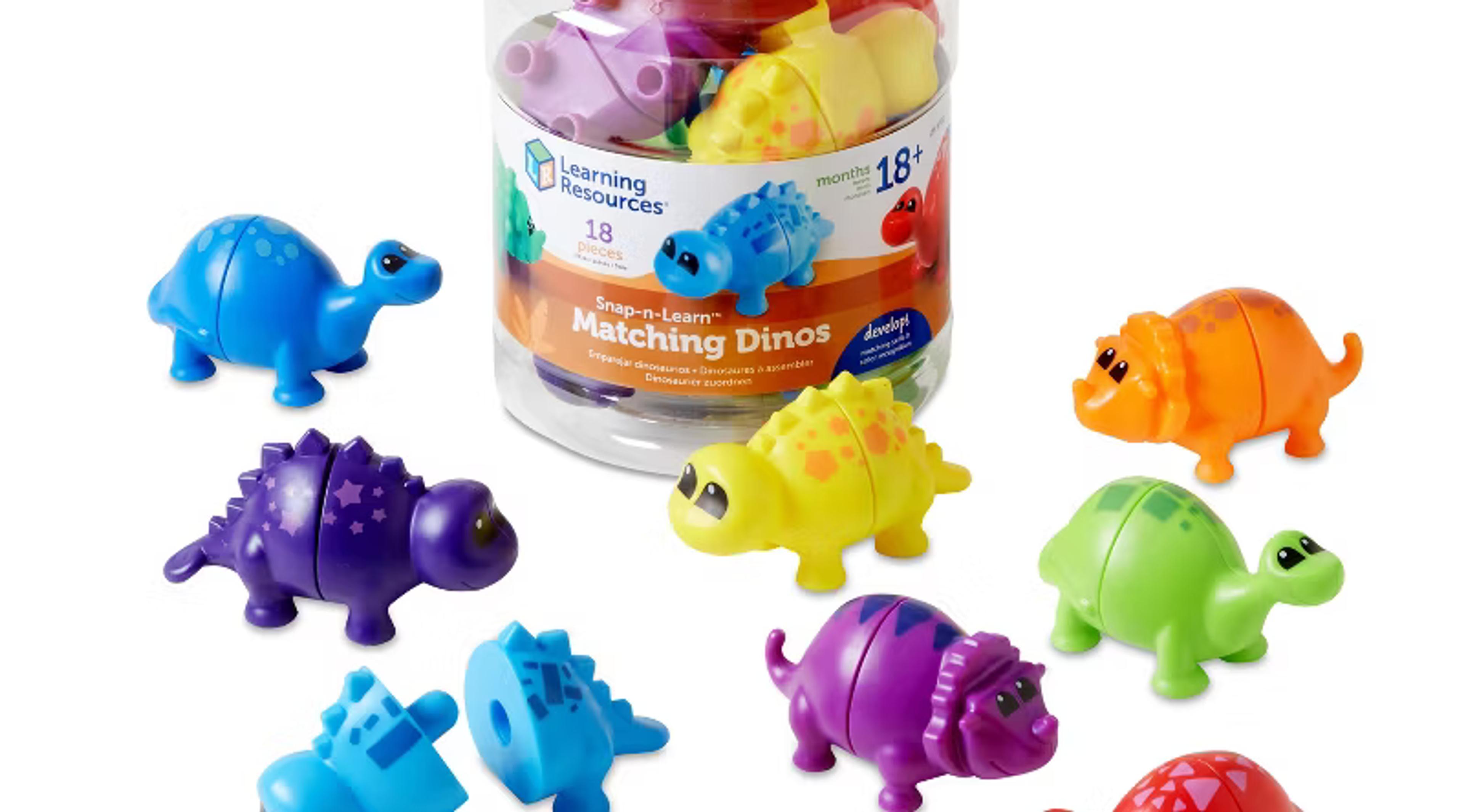 Learning Resources Snap-n-Learn Matching Dinos, colorful two-piece dinosaurs with a storage bucket