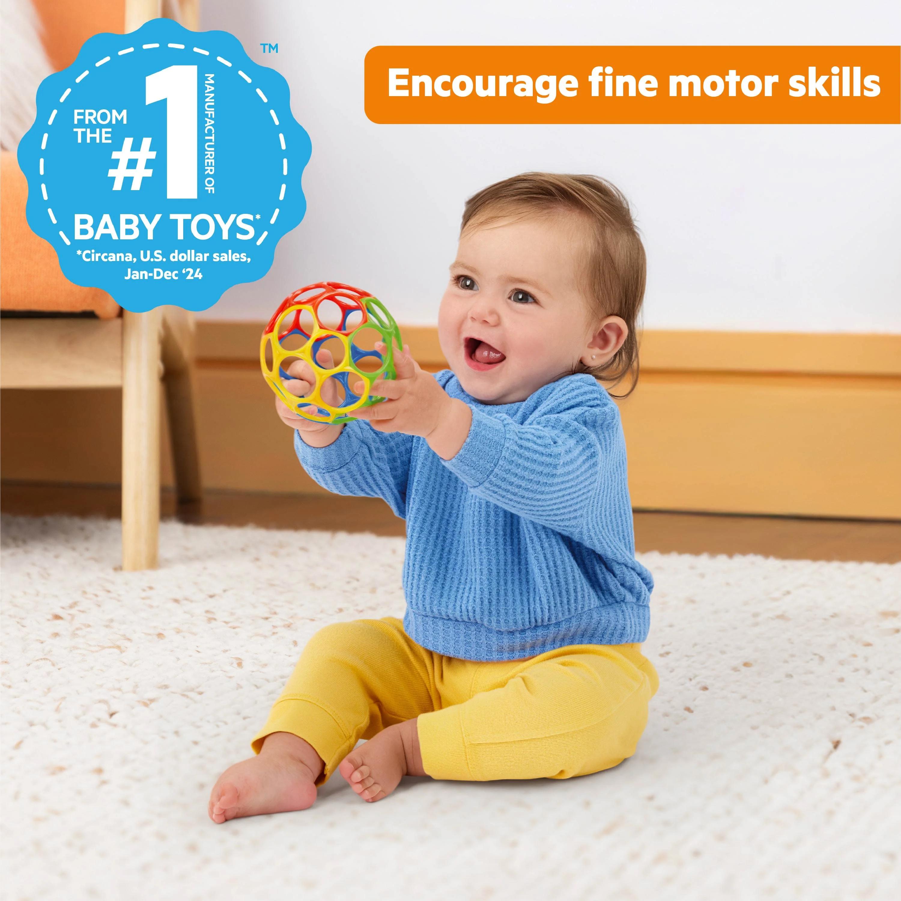 Oball Classic easy-grasp baby ball with flexible finger holes in red, blue, green, and yellow
