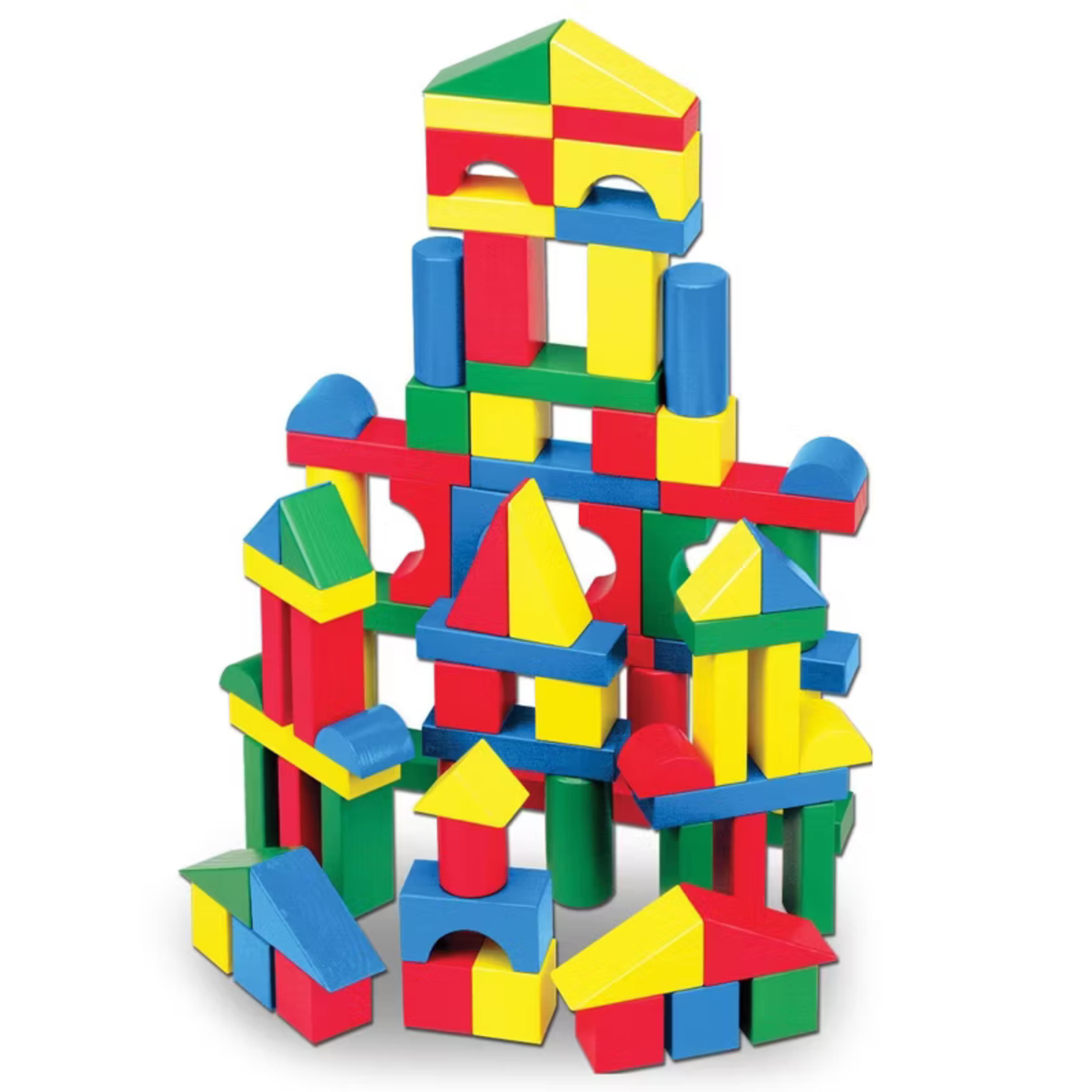 Melissa & Doug Wooden Building Blocks Set with 100 solid wood blocks in four colors and nine shapes