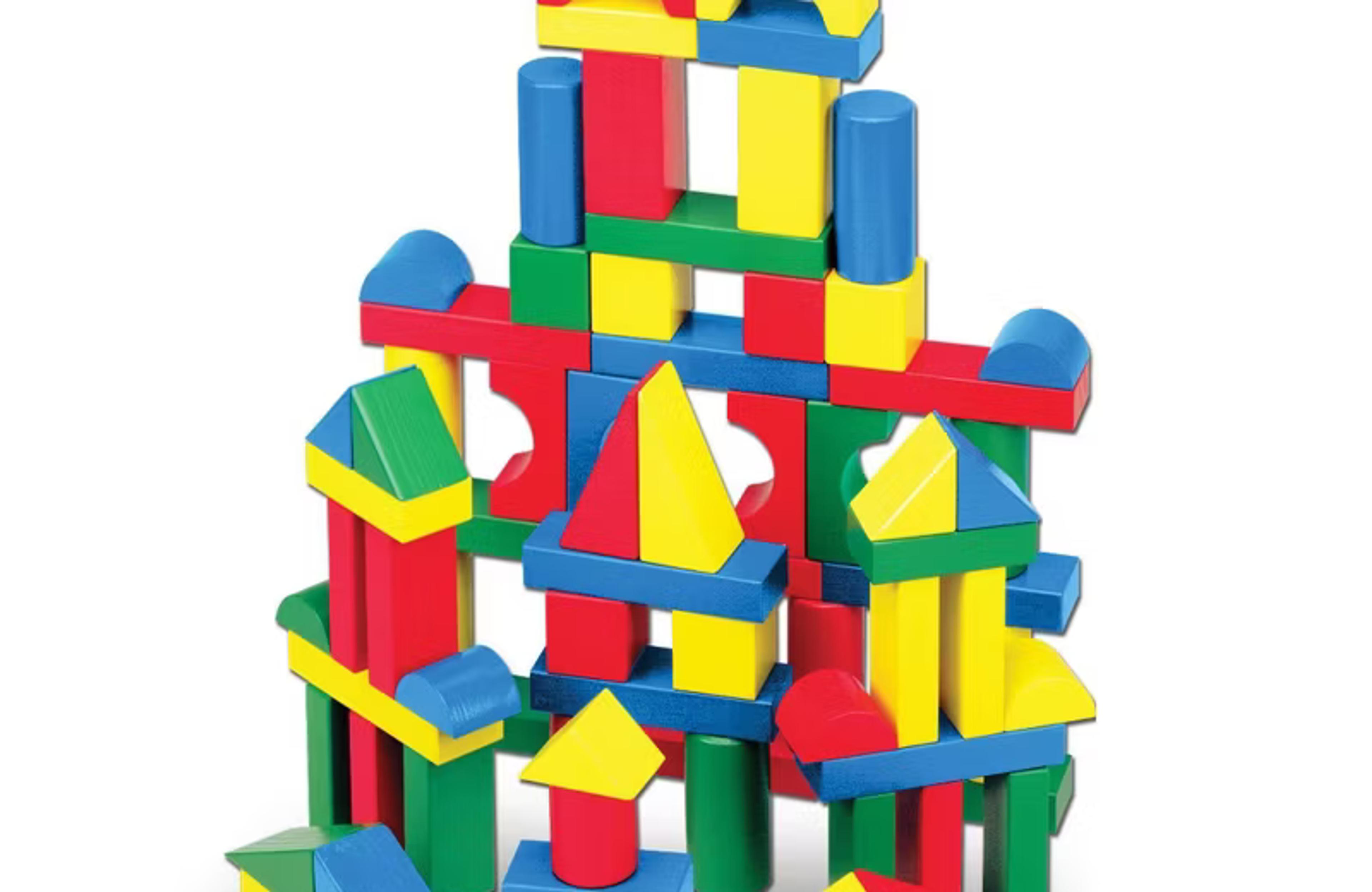 Melissa & Doug Wooden Building Blocks Set with 100 solid wood blocks in four colors and nine shapes