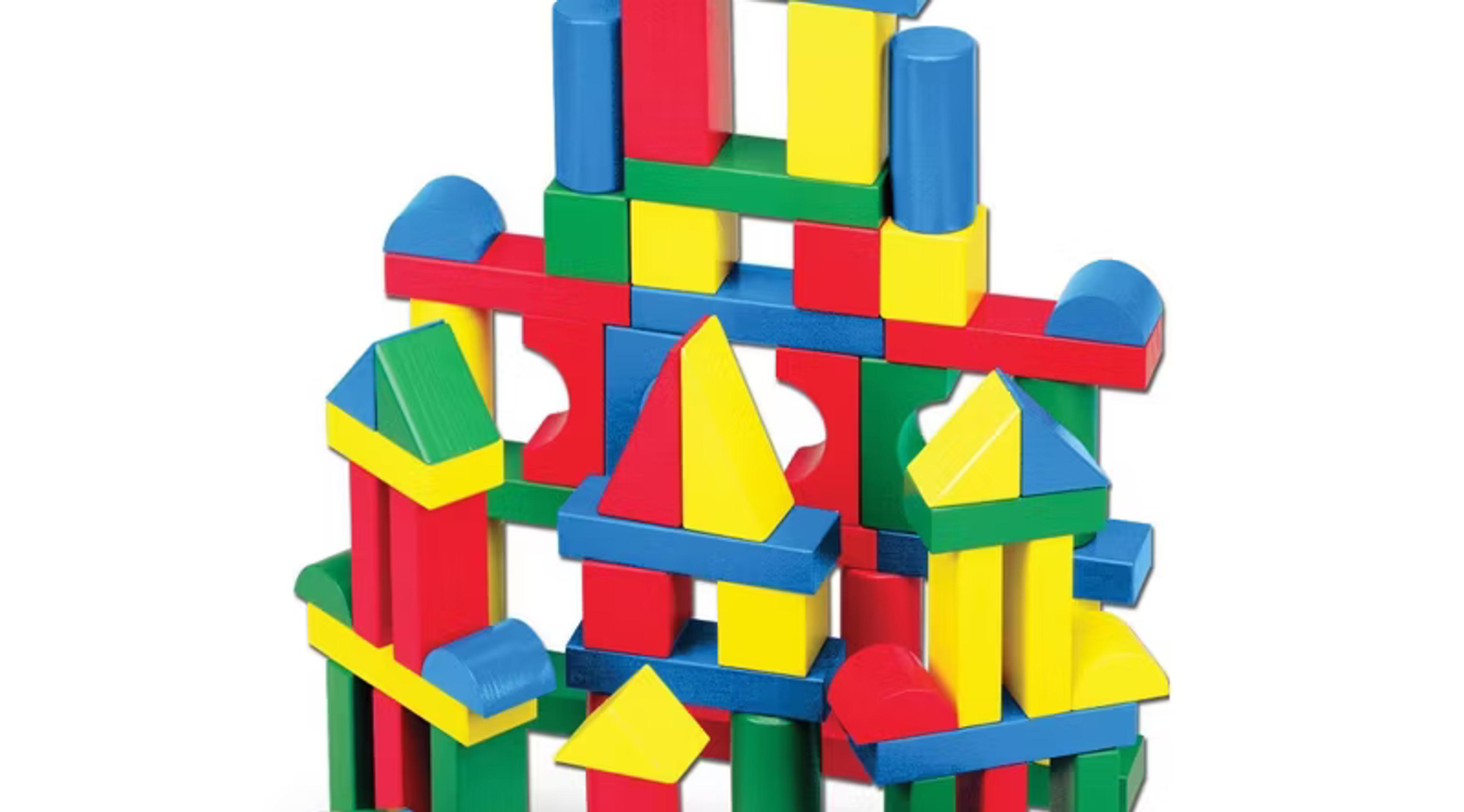 Melissa & Doug Wooden Building Blocks Set with 100 solid wood blocks in four colors and nine shapes