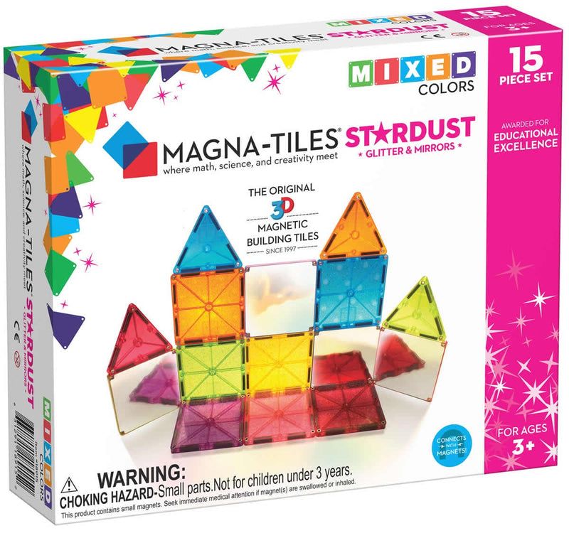 MAGNA-TILES Stardust 15-Piece Set with glitter and mirrored translucent magnetic tiles
