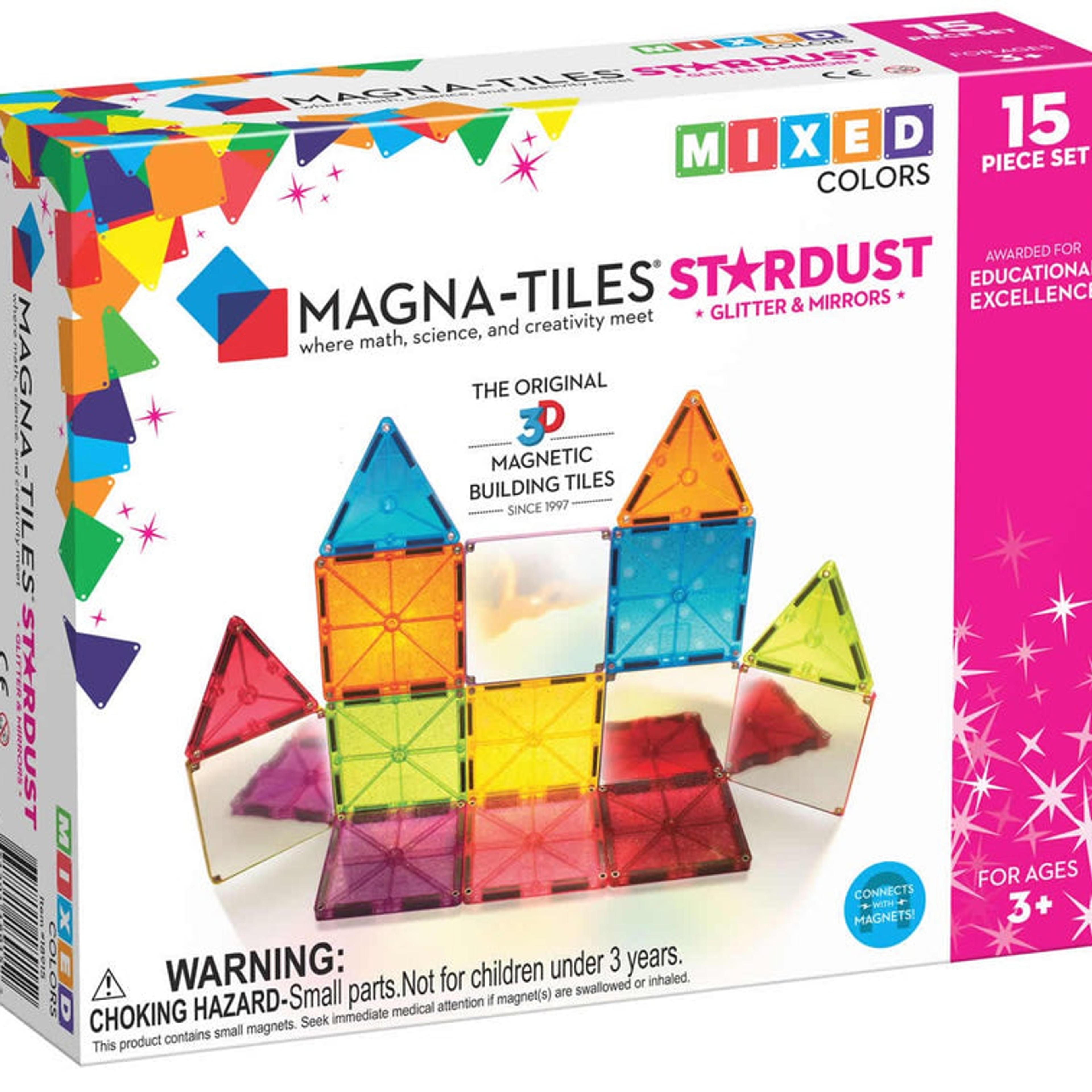 MAGNA-TILES Stardust 15-Piece Set with glitter and mirrored translucent magnetic tiles