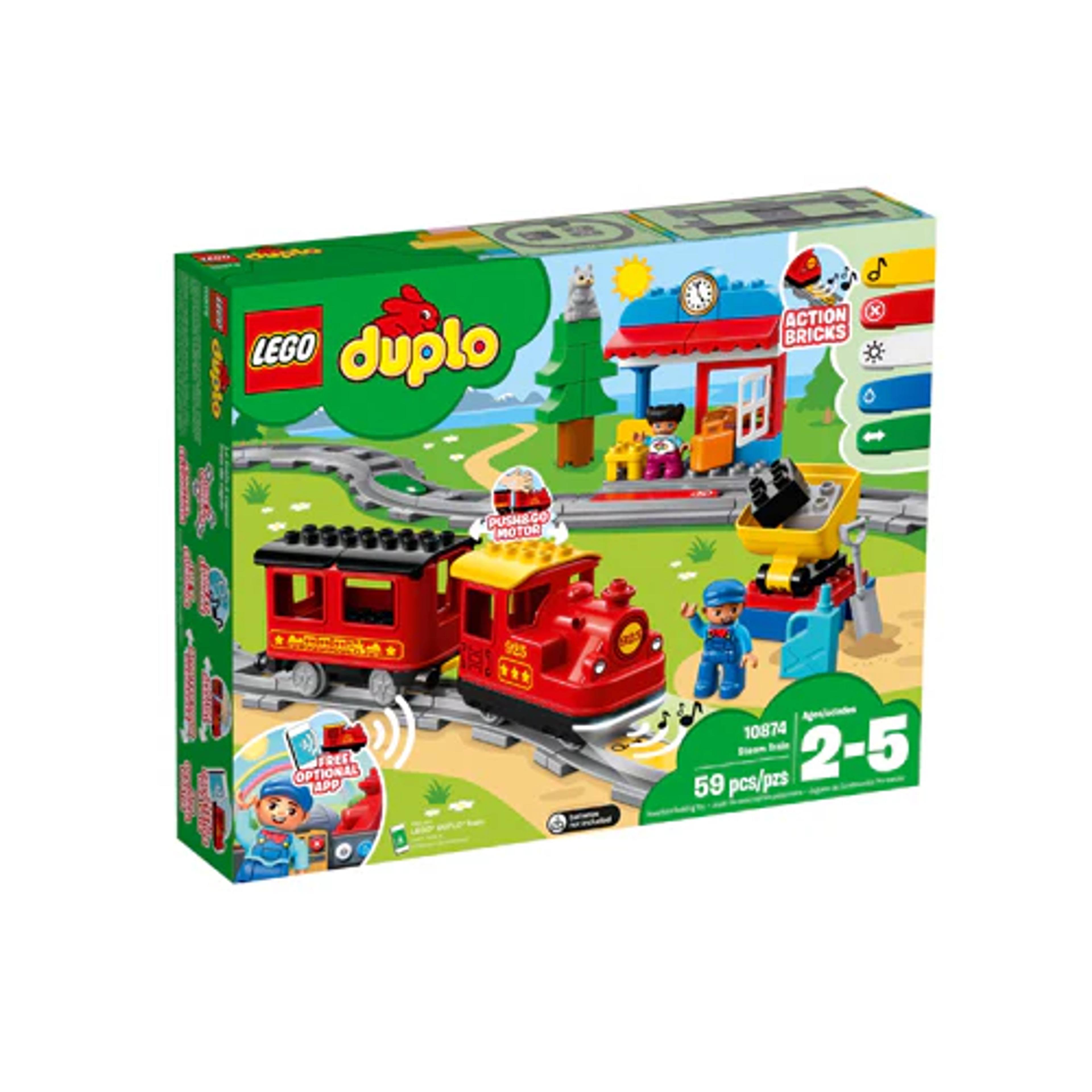 LEGO DUPLO Steam Train 10874 push-and-go toy train set with track, station, and DUPLO figures