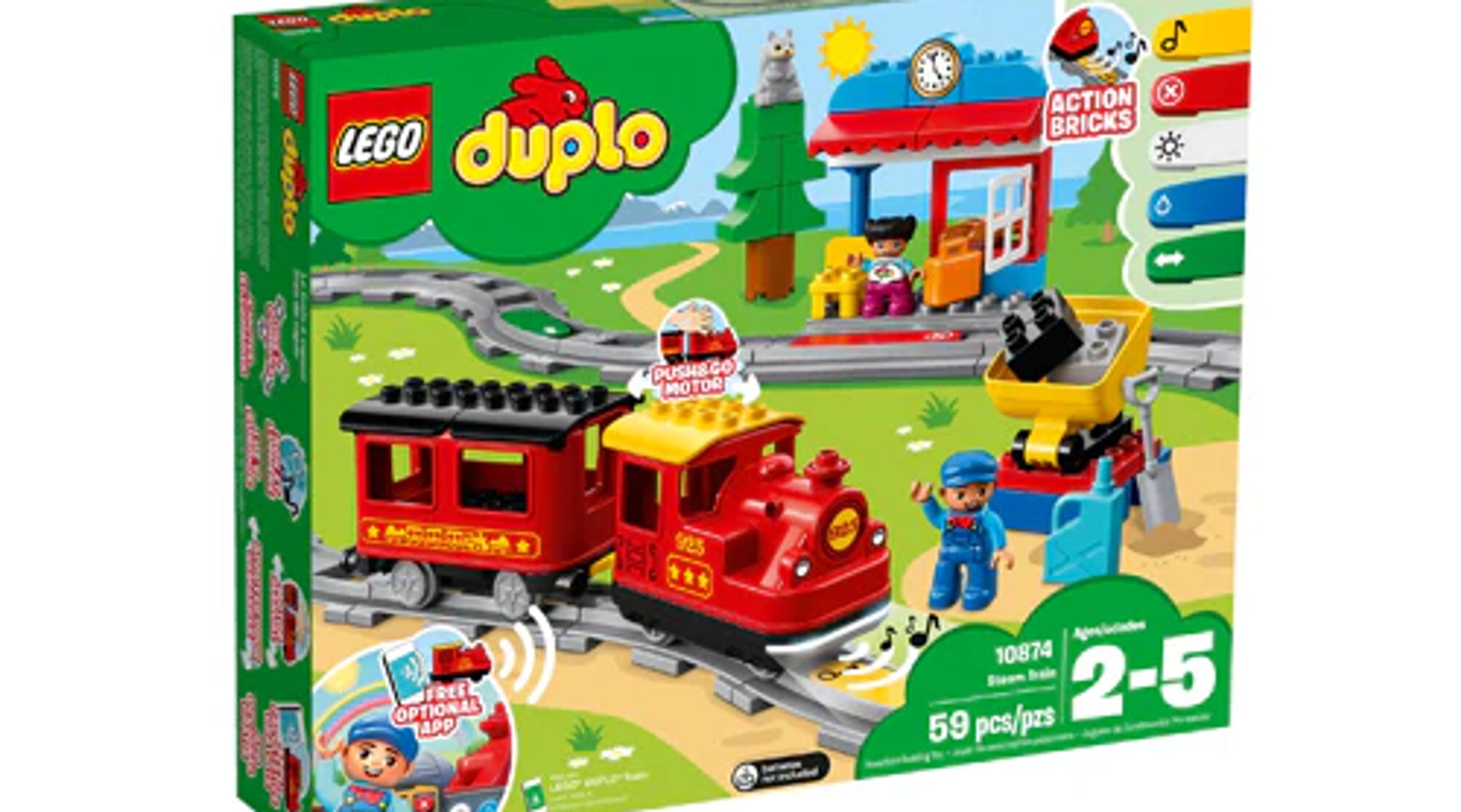 LEGO DUPLO Steam Train 10874 push-and-go toy train set with track, station, and DUPLO figures