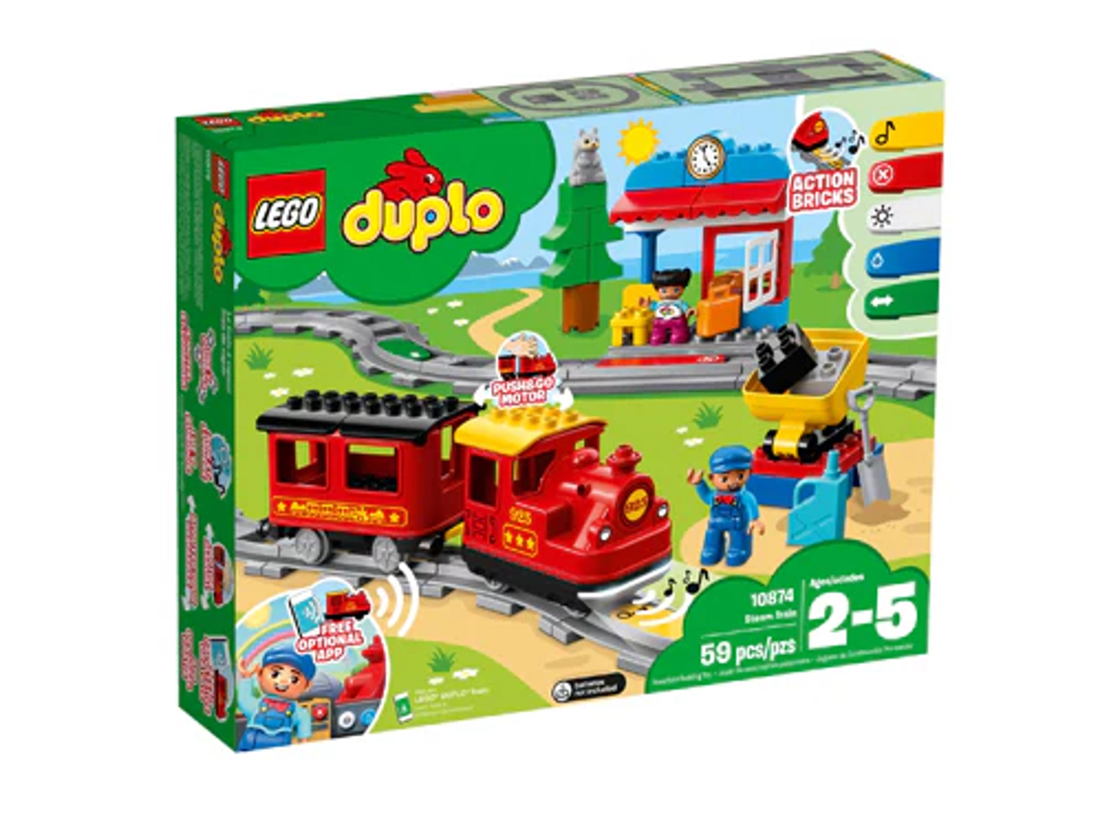 LEGO DUPLO Steam Train 10874 push-and-go toy train set with track, station, and DUPLO figures