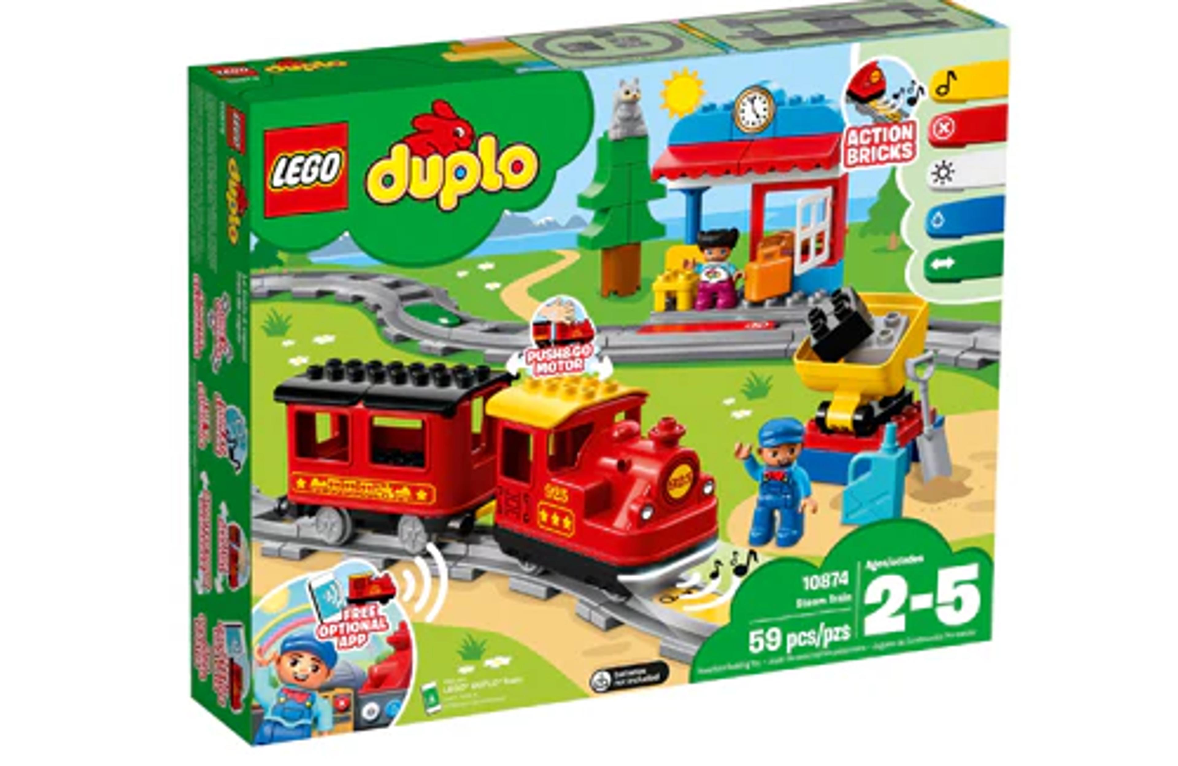 LEGO DUPLO Steam Train 10874 push-and-go toy train set with track, station, and DUPLO figures
