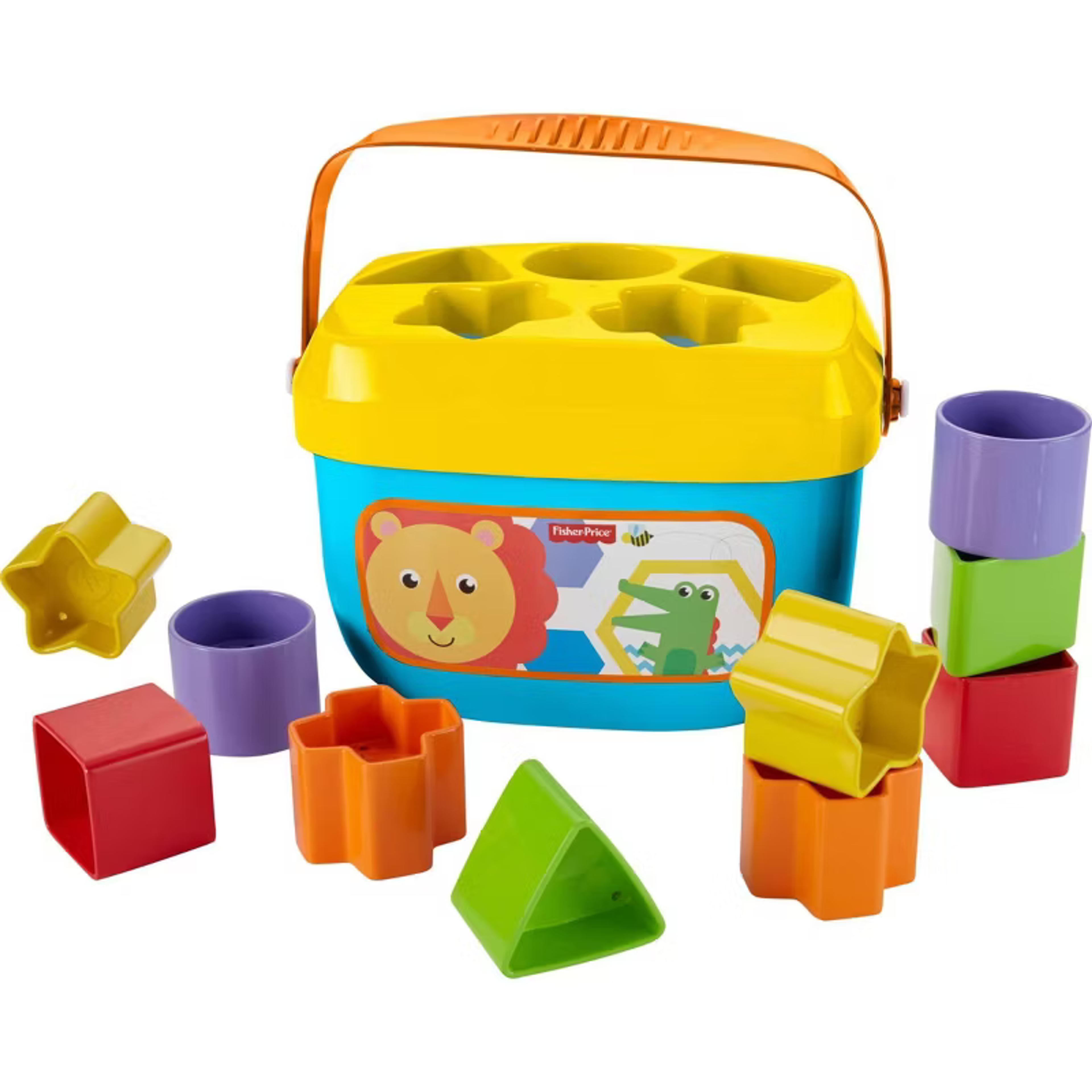 Fisher-Price Baby's First Blocks shape sorter bucket with colorful chunky blocks