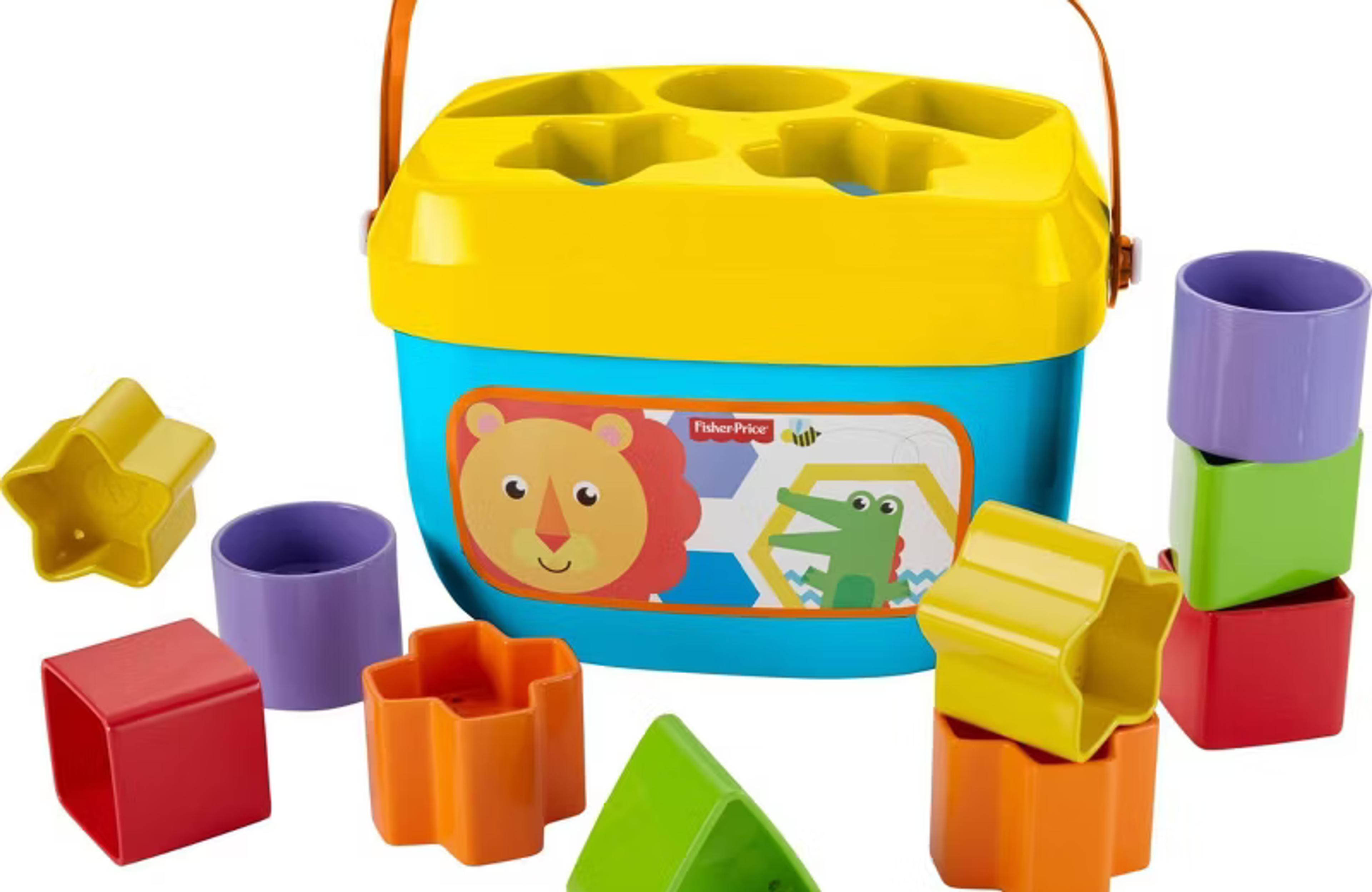 Fisher-Price Baby's First Blocks shape sorter bucket with colorful chunky blocks