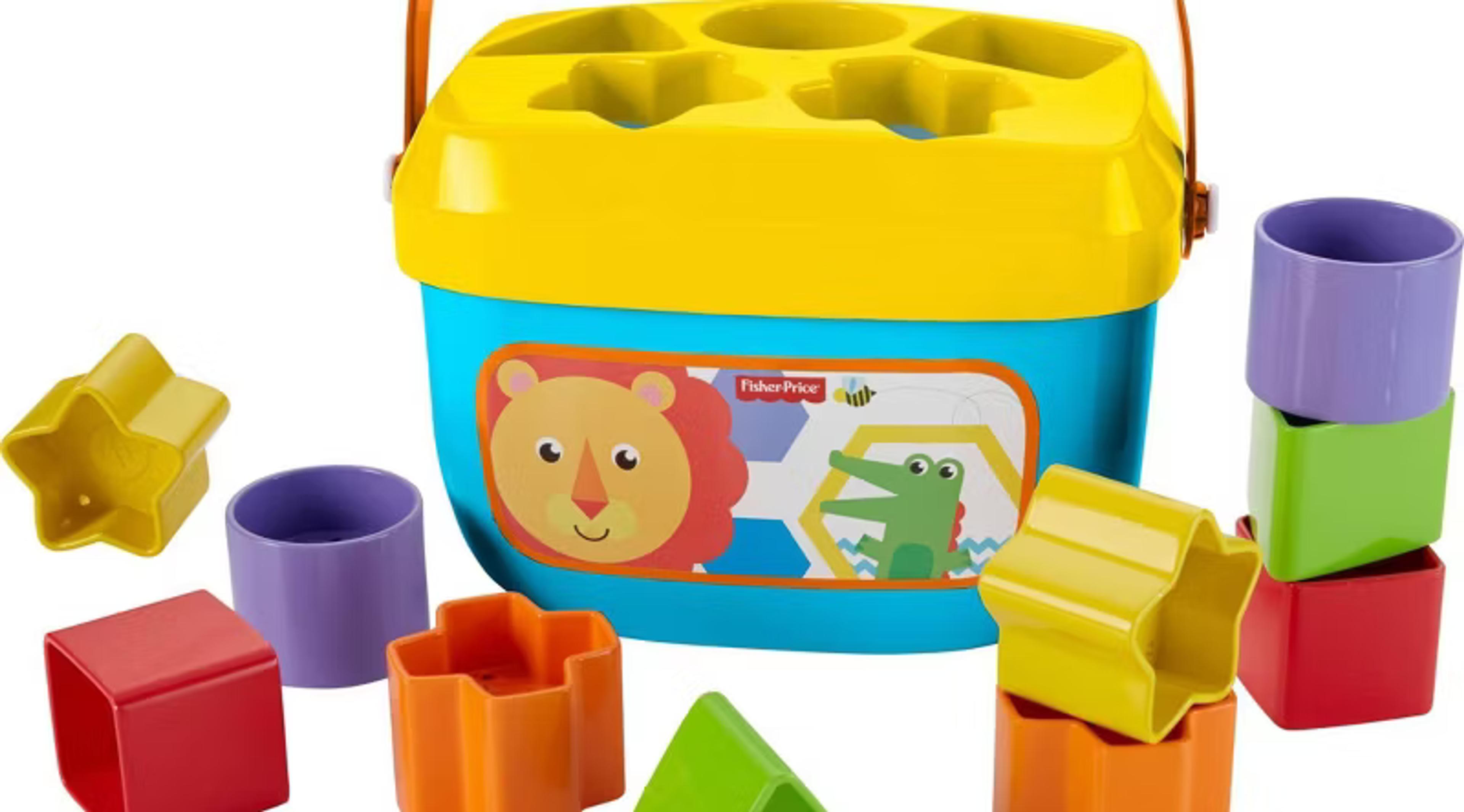 Fisher-Price Baby's First Blocks shape sorter bucket with colorful chunky blocks