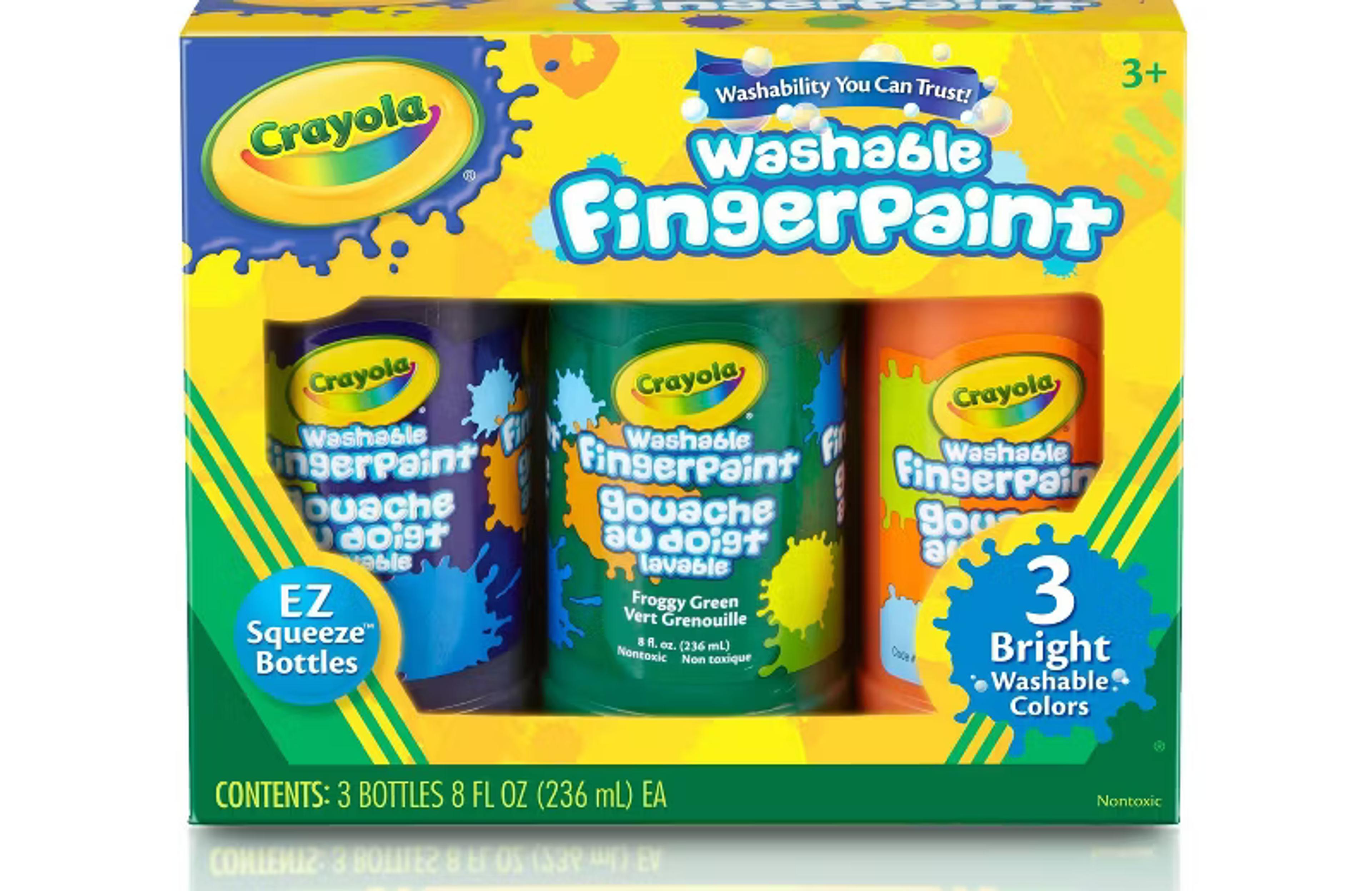 Crayola 3-count washable finger paints in orange, purple, and green EZ-Squeeze bottles