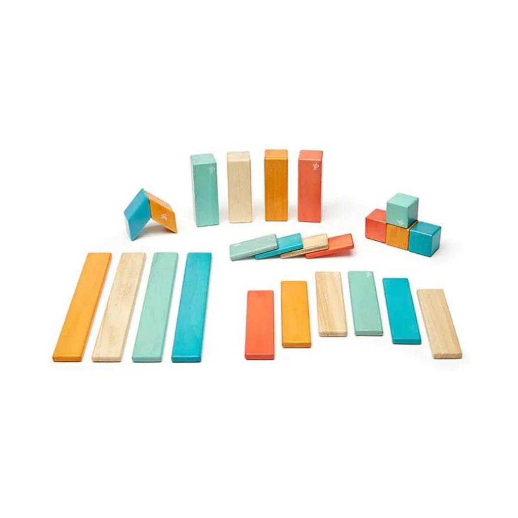 Tegu 24-Piece Magnetic Wooden Blocks set in warm Sunset colors