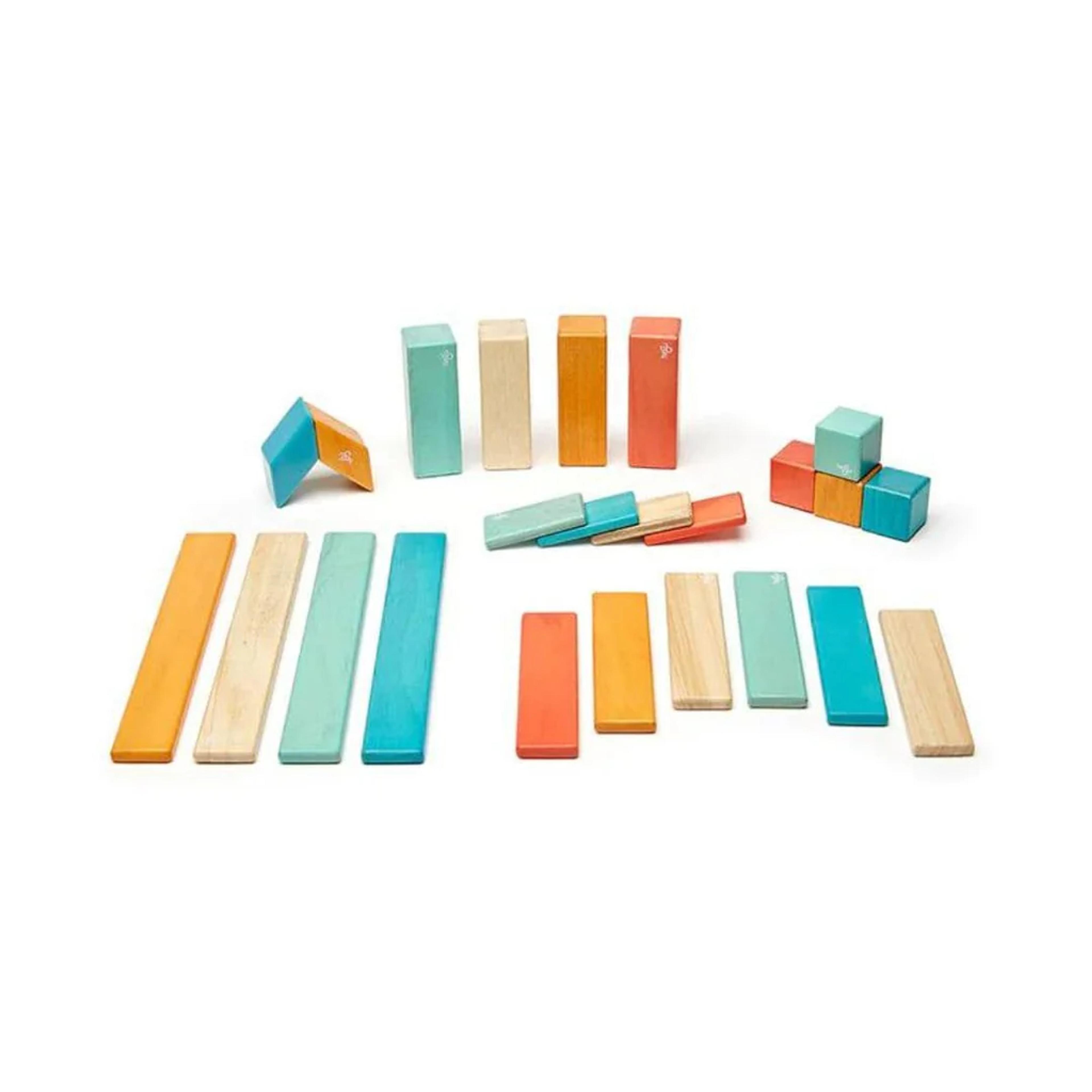 Tegu 24-Piece Magnetic Wooden Blocks set in warm Sunset colors