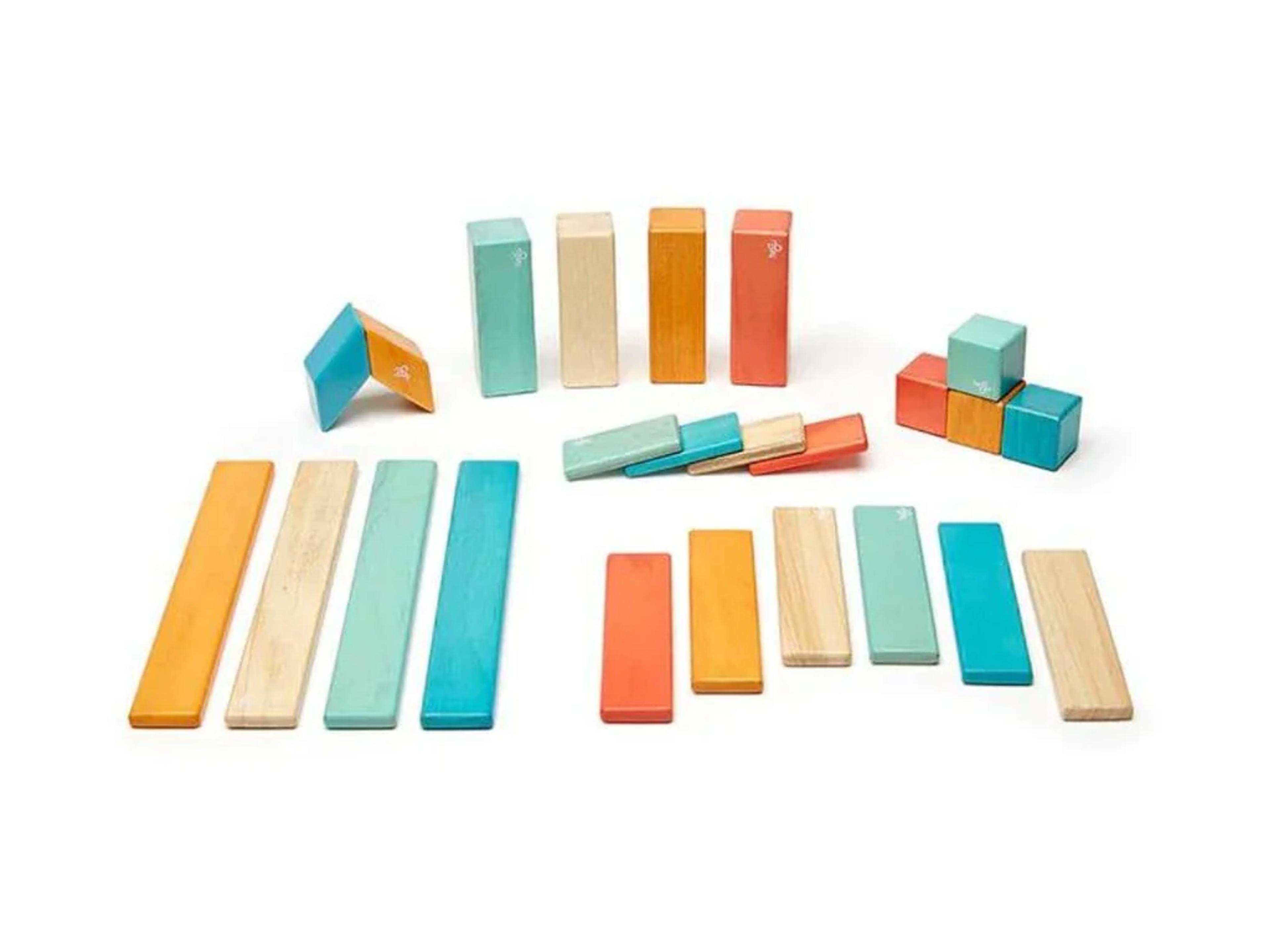 Tegu 24-Piece Magnetic Wooden Blocks set in warm Sunset colors