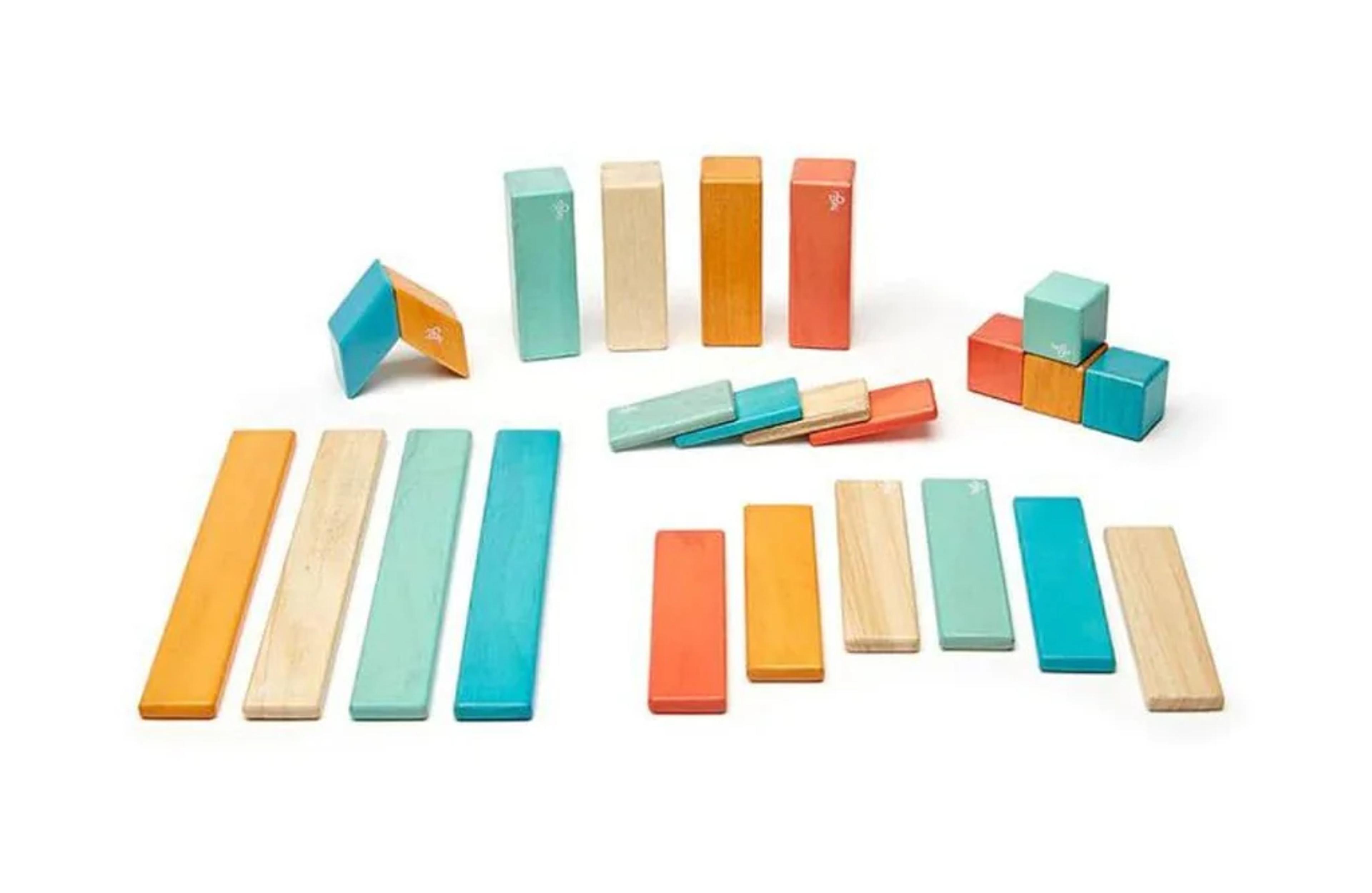 Tegu 24-Piece Magnetic Wooden Blocks set in warm Sunset colors