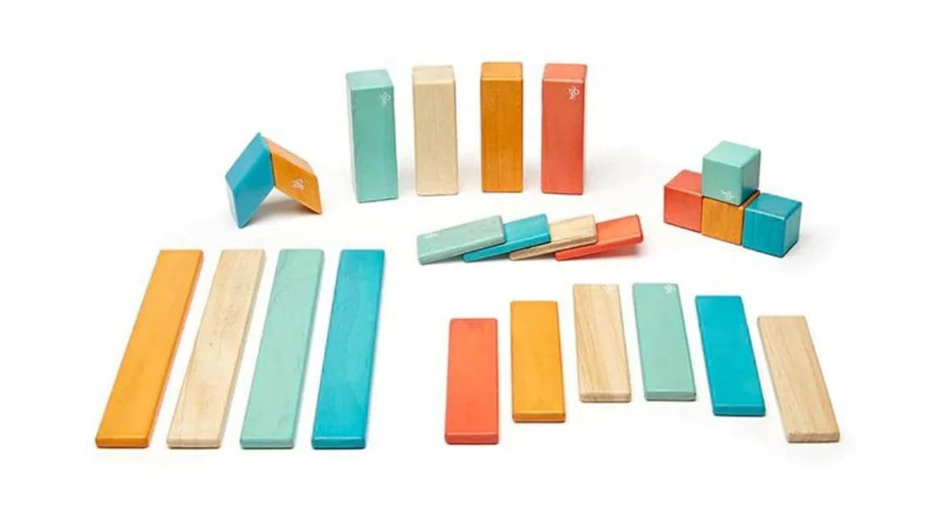 Tegu 24-Piece Magnetic Wooden Blocks set in warm Sunset colors