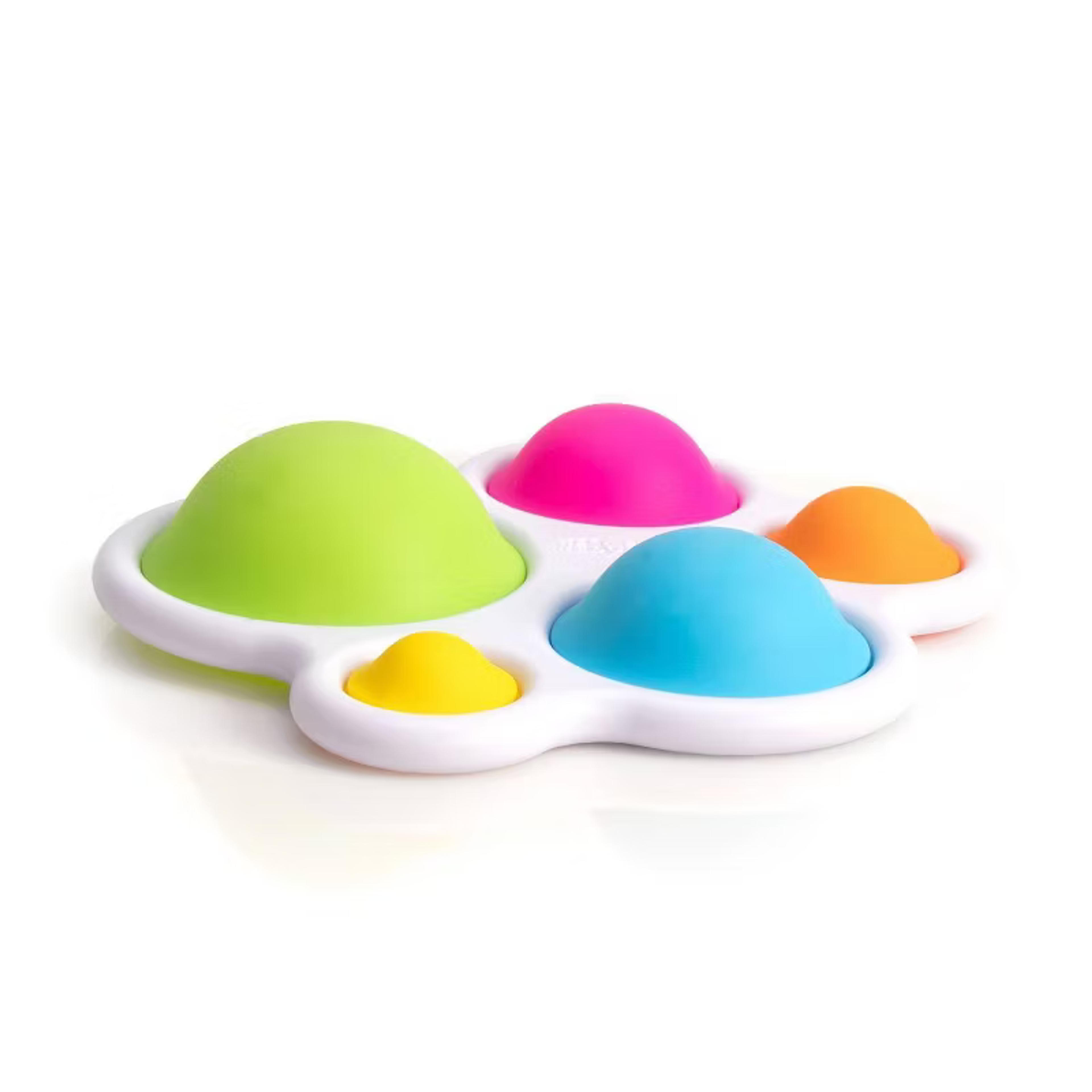 Fat Brain Toys Dimpl sensory toy with five colorful silicone push-pop bubbles in a plastic frame