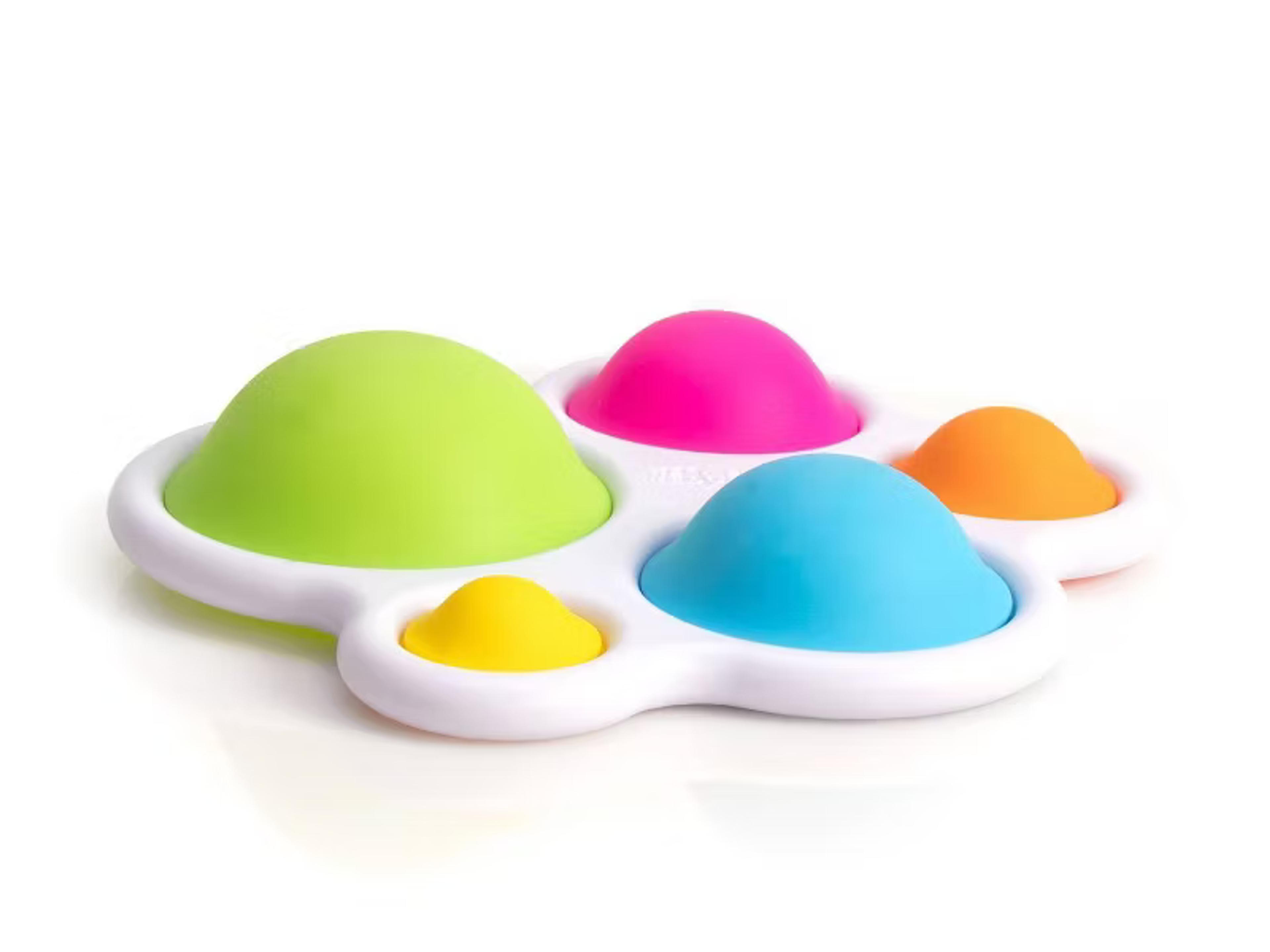 Fat Brain Toys Dimpl sensory toy with five colorful silicone push-pop bubbles in a plastic frame