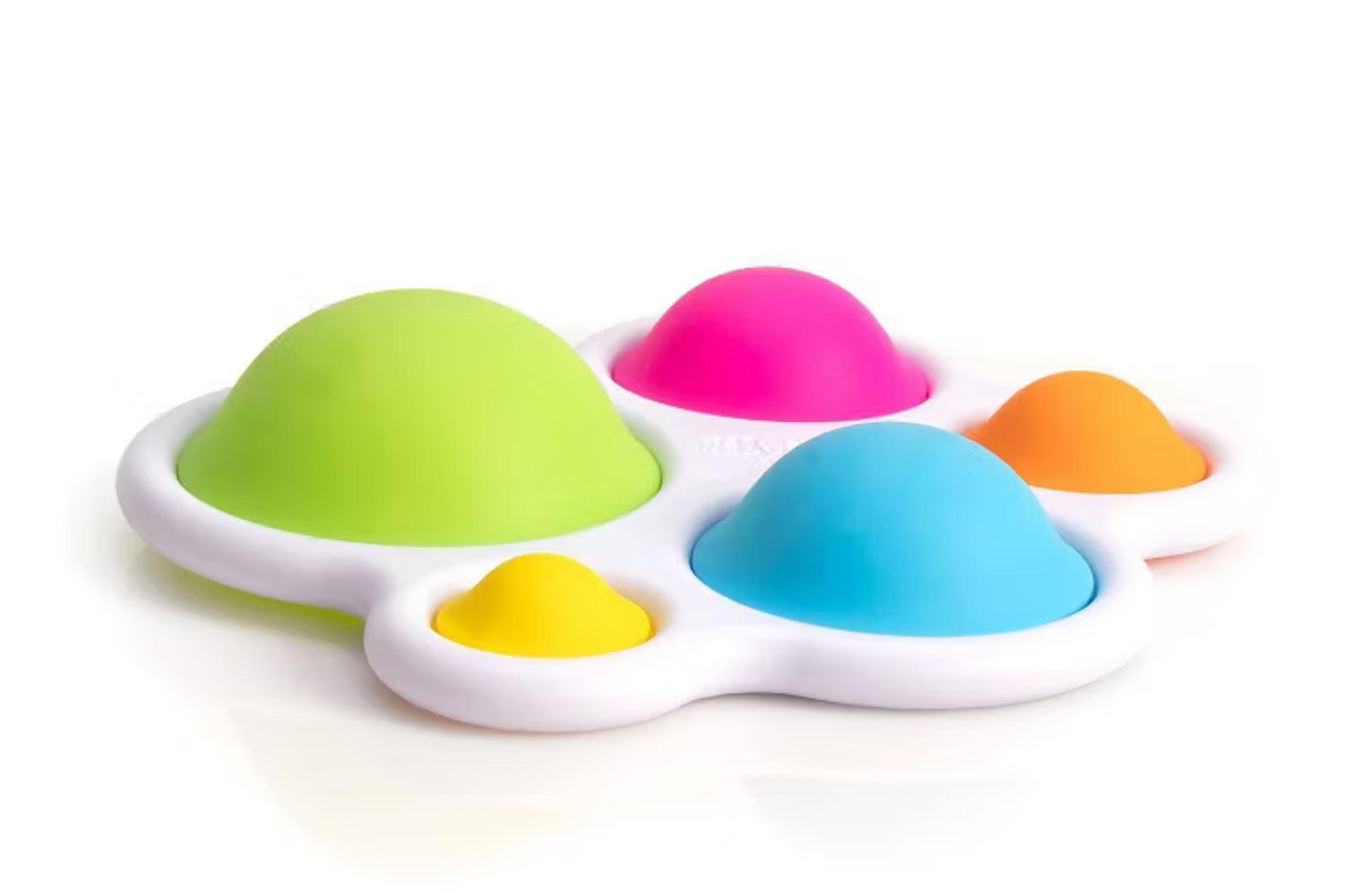 Fat Brain Toys Dimpl sensory toy with five colorful silicone push-pop bubbles in a plastic frame