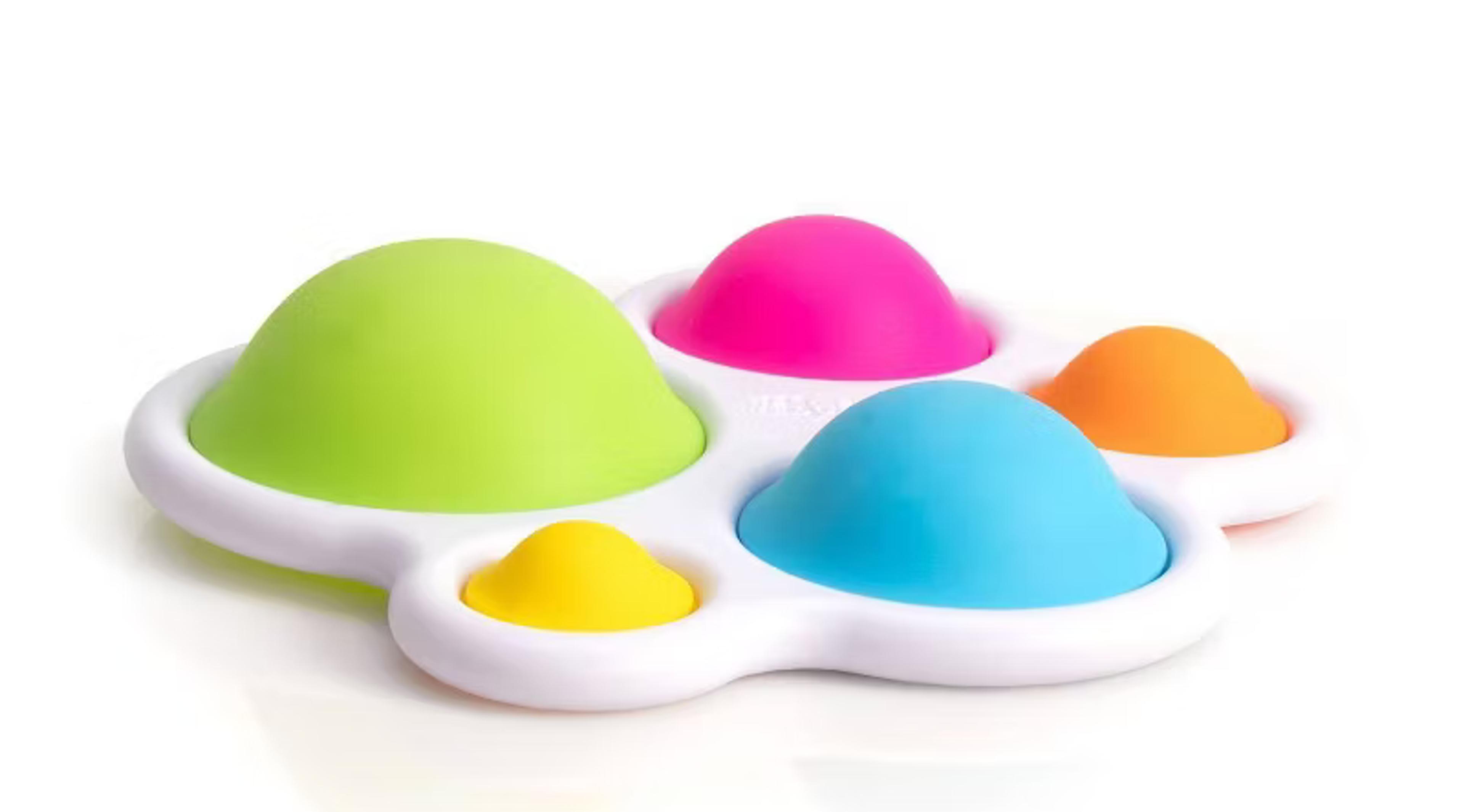 Fat Brain Toys Dimpl sensory toy with five colorful silicone push-pop bubbles in a plastic frame