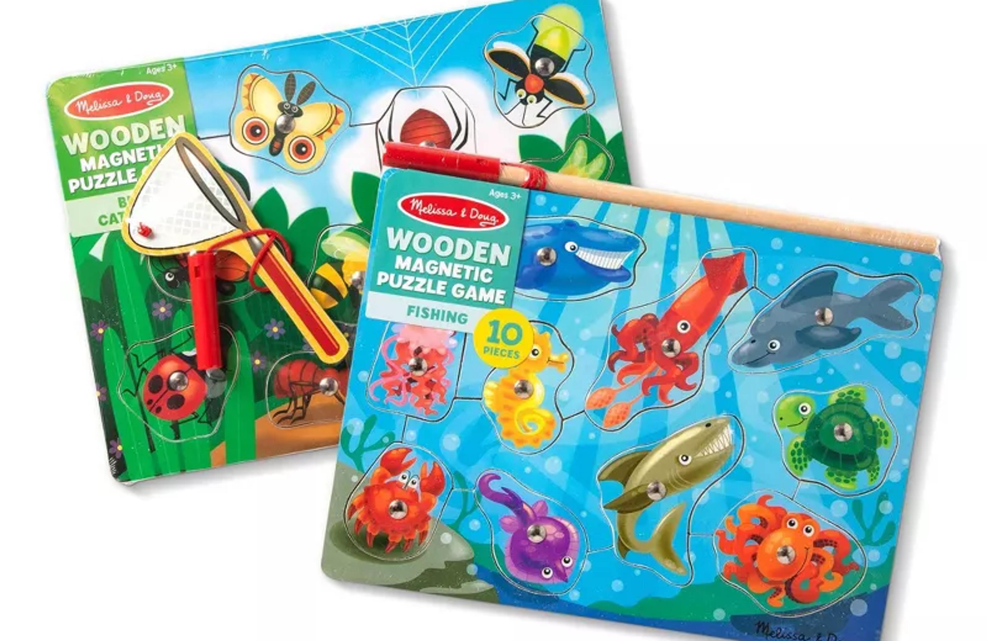 Melissa and Doug magnetic wooden fishing and bug catching puzzle set
