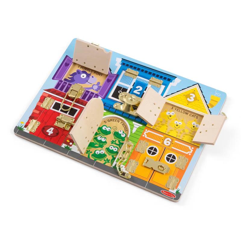Melissa & Doug Latches wooden activity board with doors, windows, and different latches