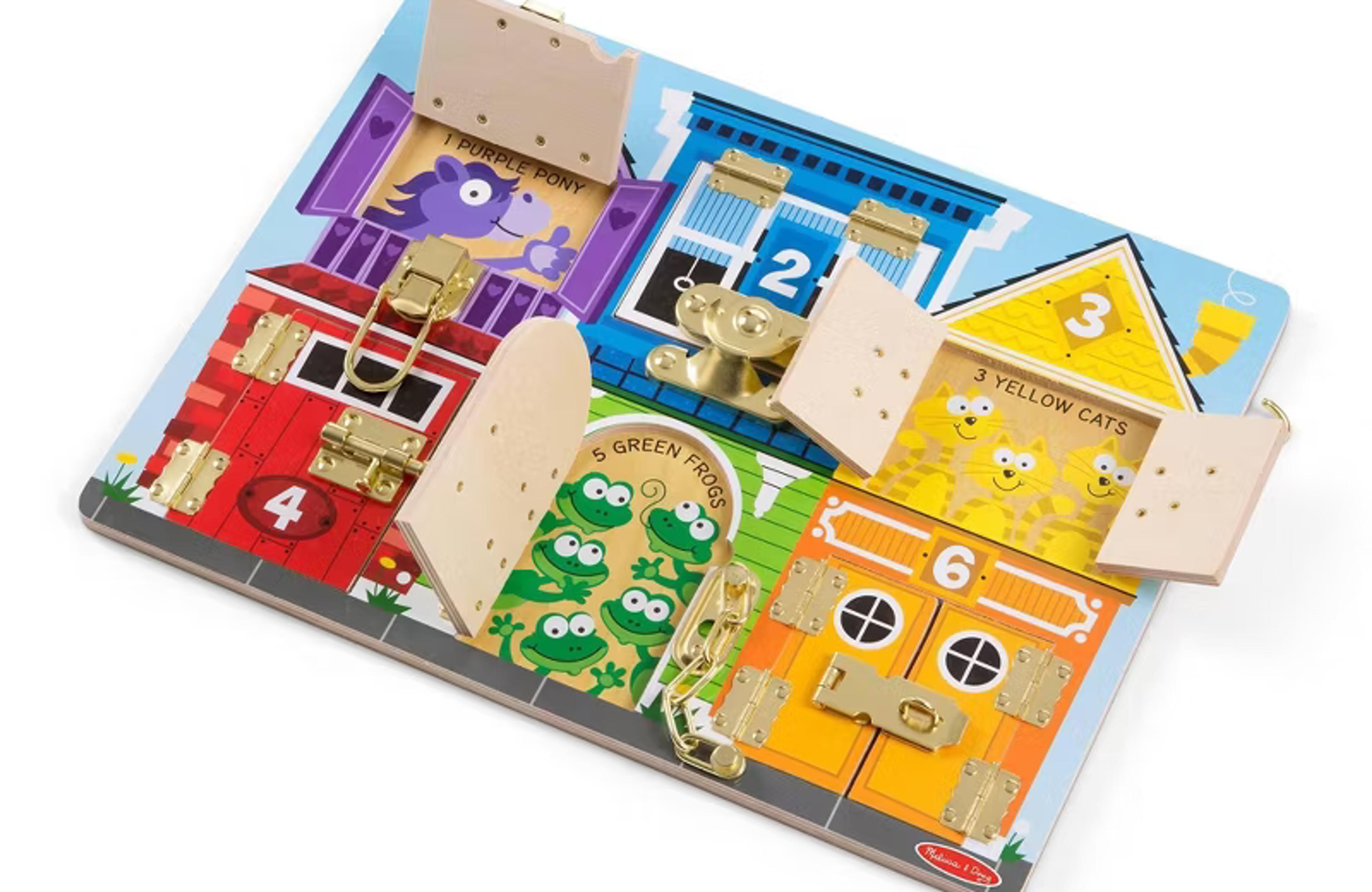 Melissa & Doug Latches wooden activity board with doors, windows, and different latches