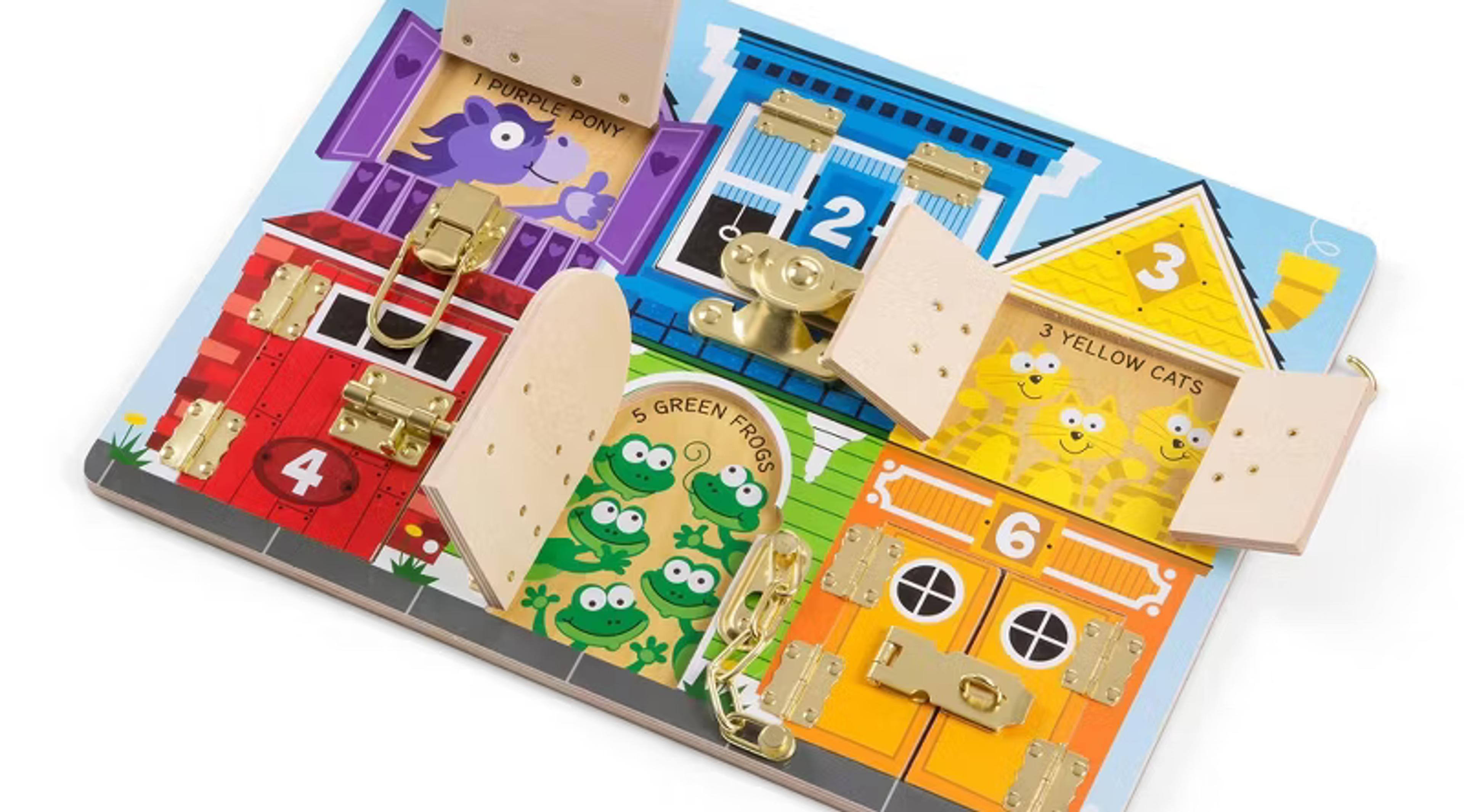 Melissa & Doug Latches wooden activity board with doors, windows, and different latches