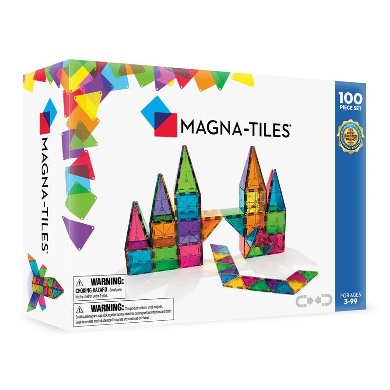 MAGNA-TILES Clear Colors 100-Piece Set box with translucent magnetic building tiles in bright colors