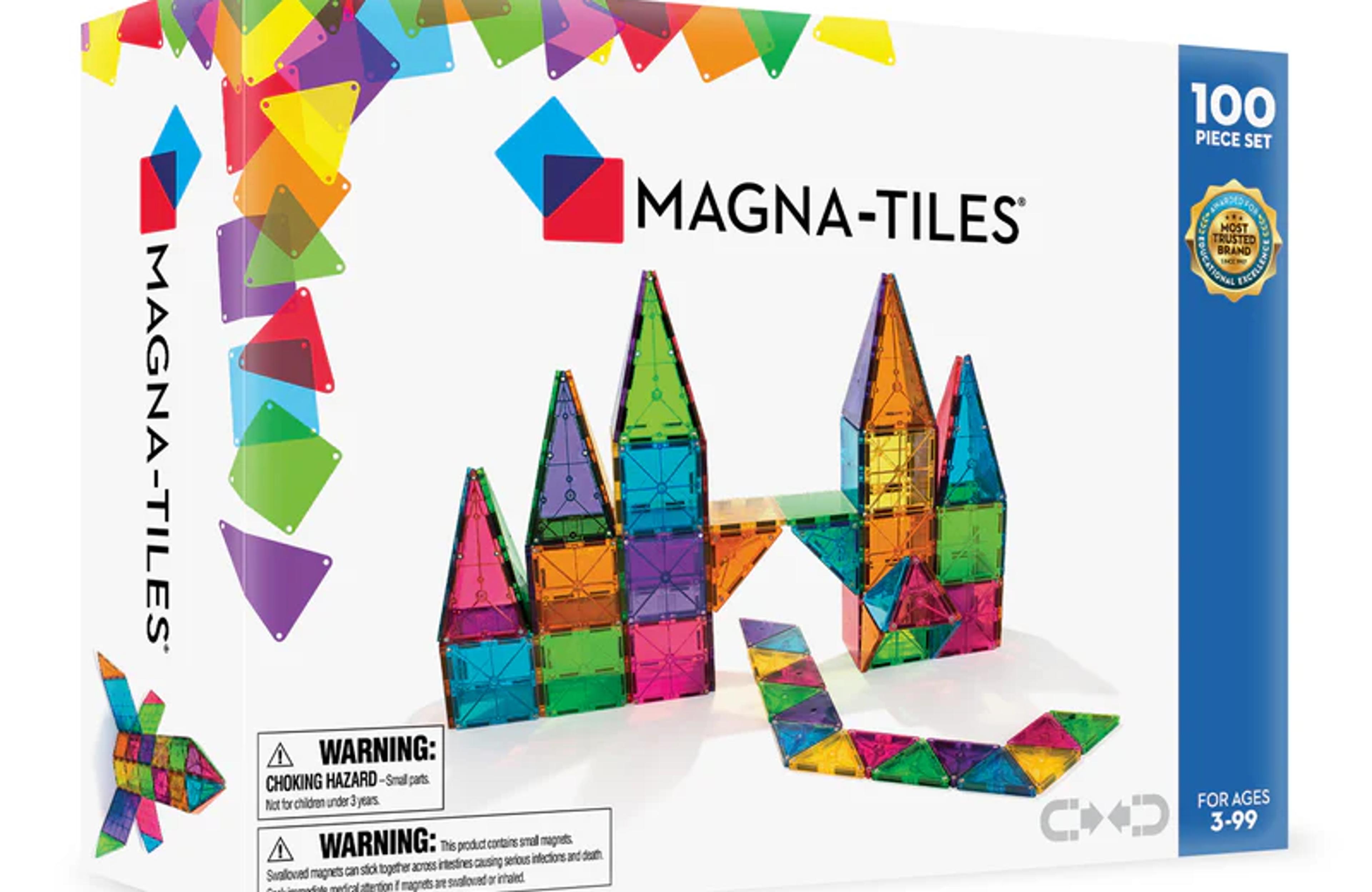 MAGNA-TILES Clear Colors 100-Piece Set box with translucent magnetic building tiles in bright colors